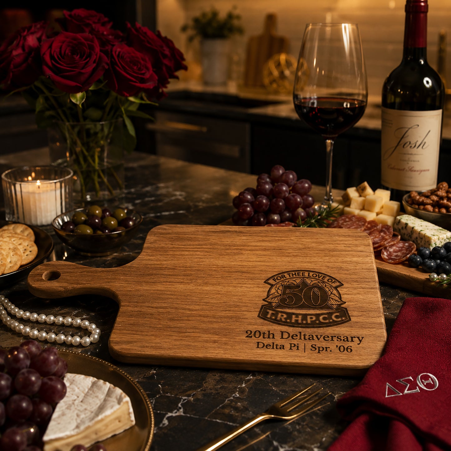 Luxury engraved Delta Sigma Theta 20th Deltaversary acacia cutting board with custom laser engraving and elegant editorial styling