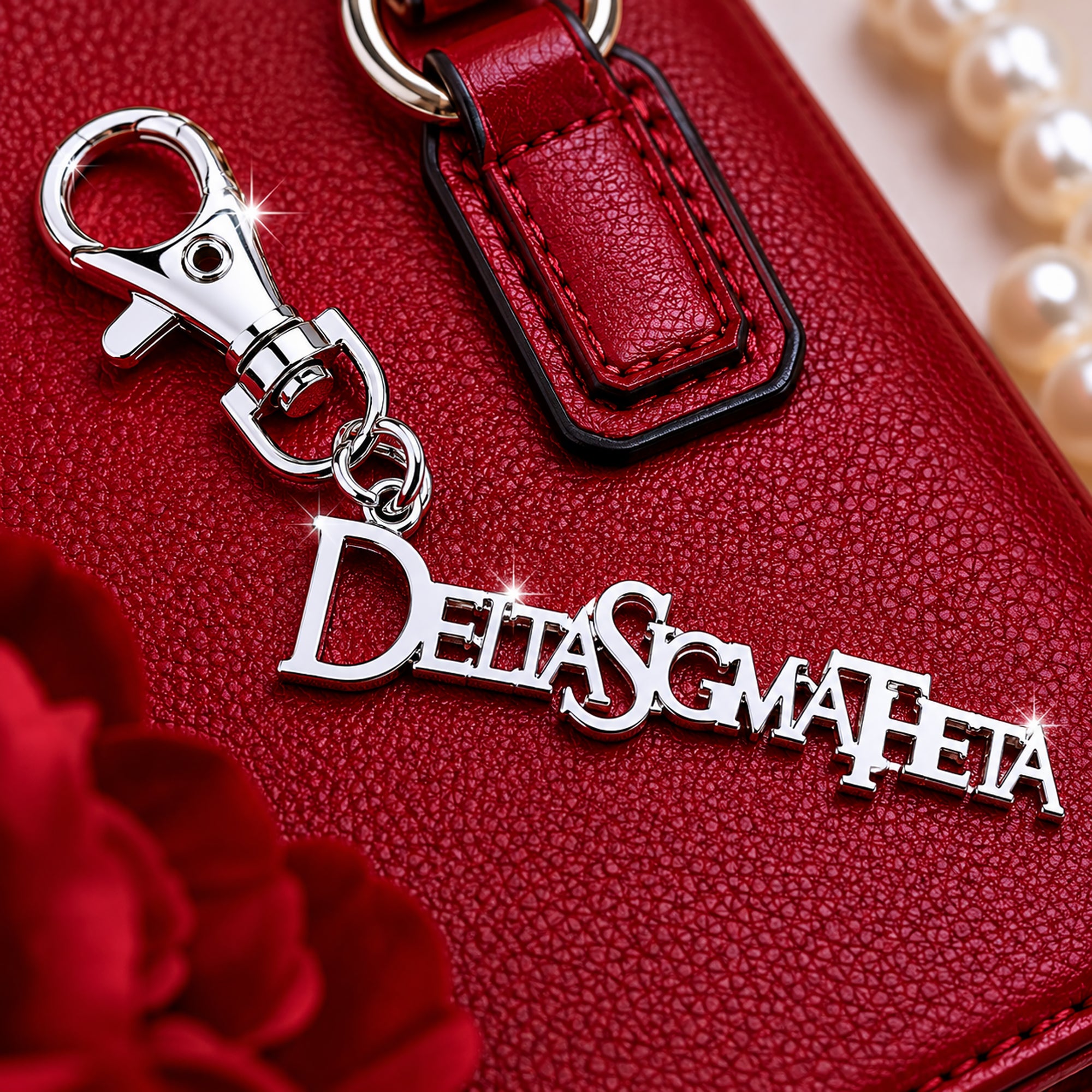 Close-up of Delta Sigma Theta silver Greek letter keychain charm clipped to red handbag with pearl bracelet