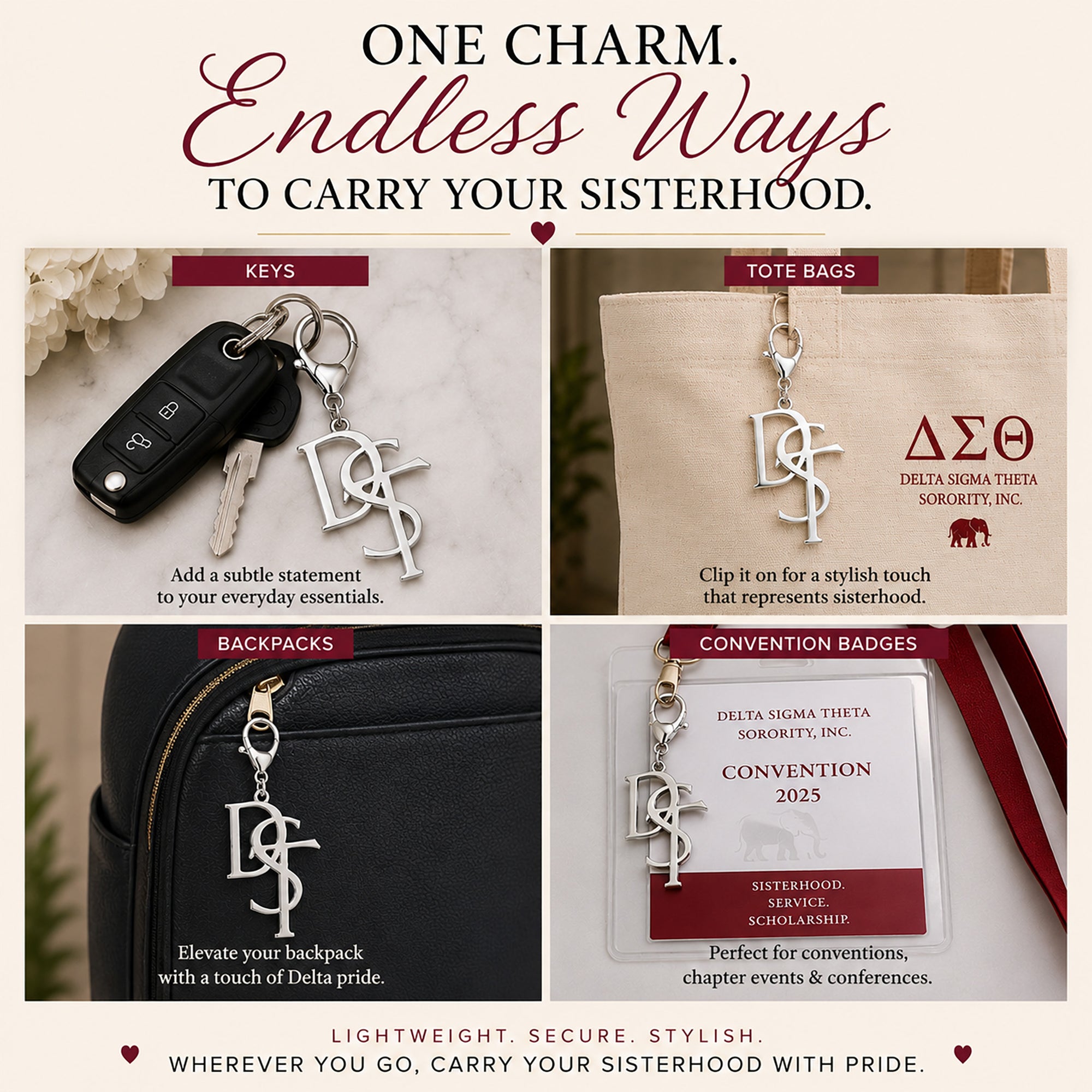 Infographic showing the Delta Sigma Theta Greek letter keychain attached to keys, tote bags, backpacks, and convention badges for versatile everyday use.