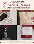 Infographic showing the Delta Sigma Theta Greek letter keychain attached to keys, tote bags, backpacks, and convention badges for versatile everyday use.