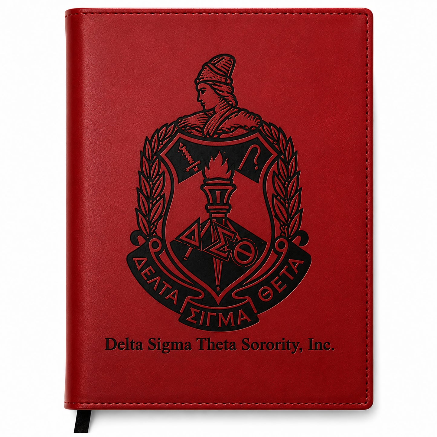 Red notebook with Delta Sigma Theta Sorority, Inc. emblem on a white background