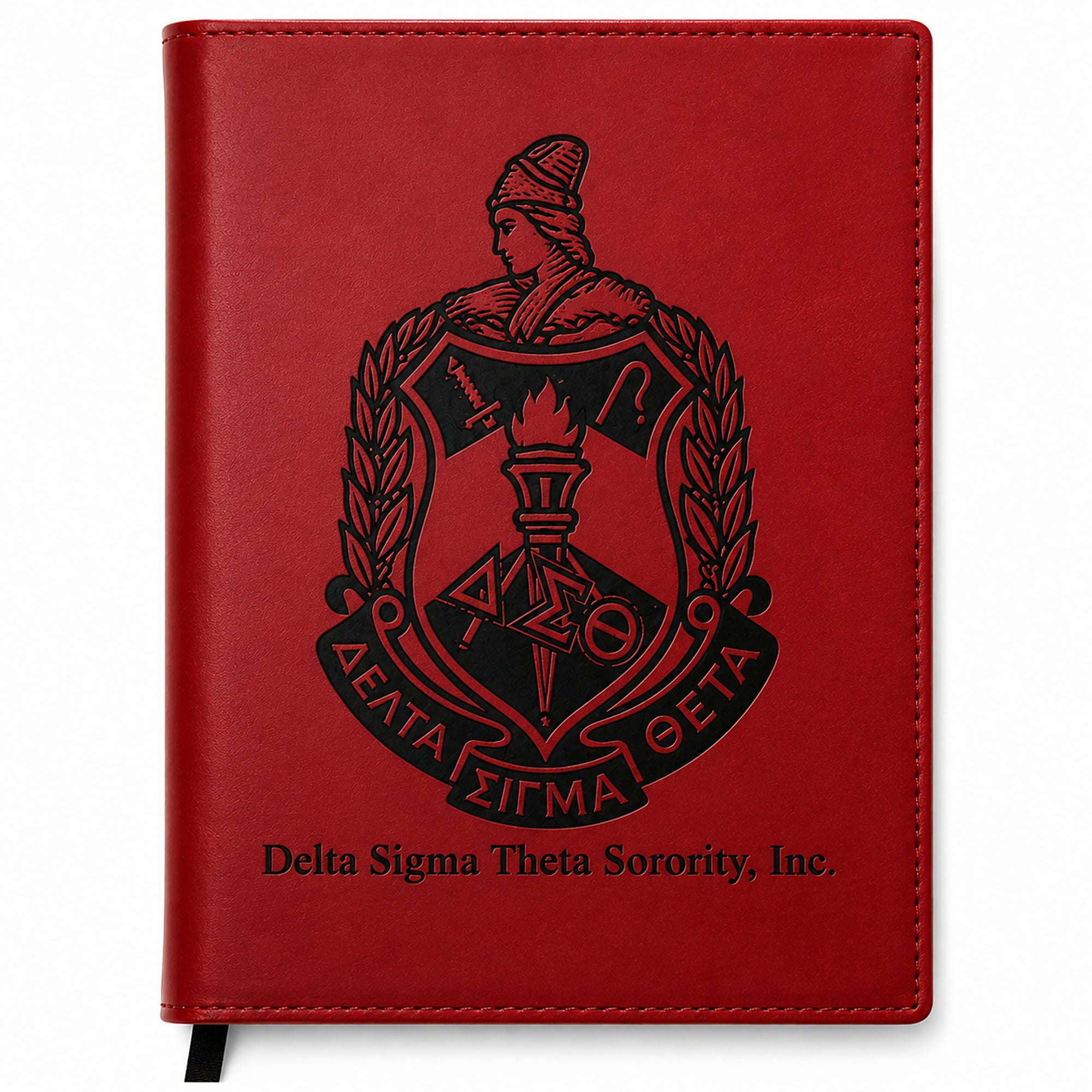 Red notebook with Delta Sigma Theta Sorority, Inc. emblem on a white background