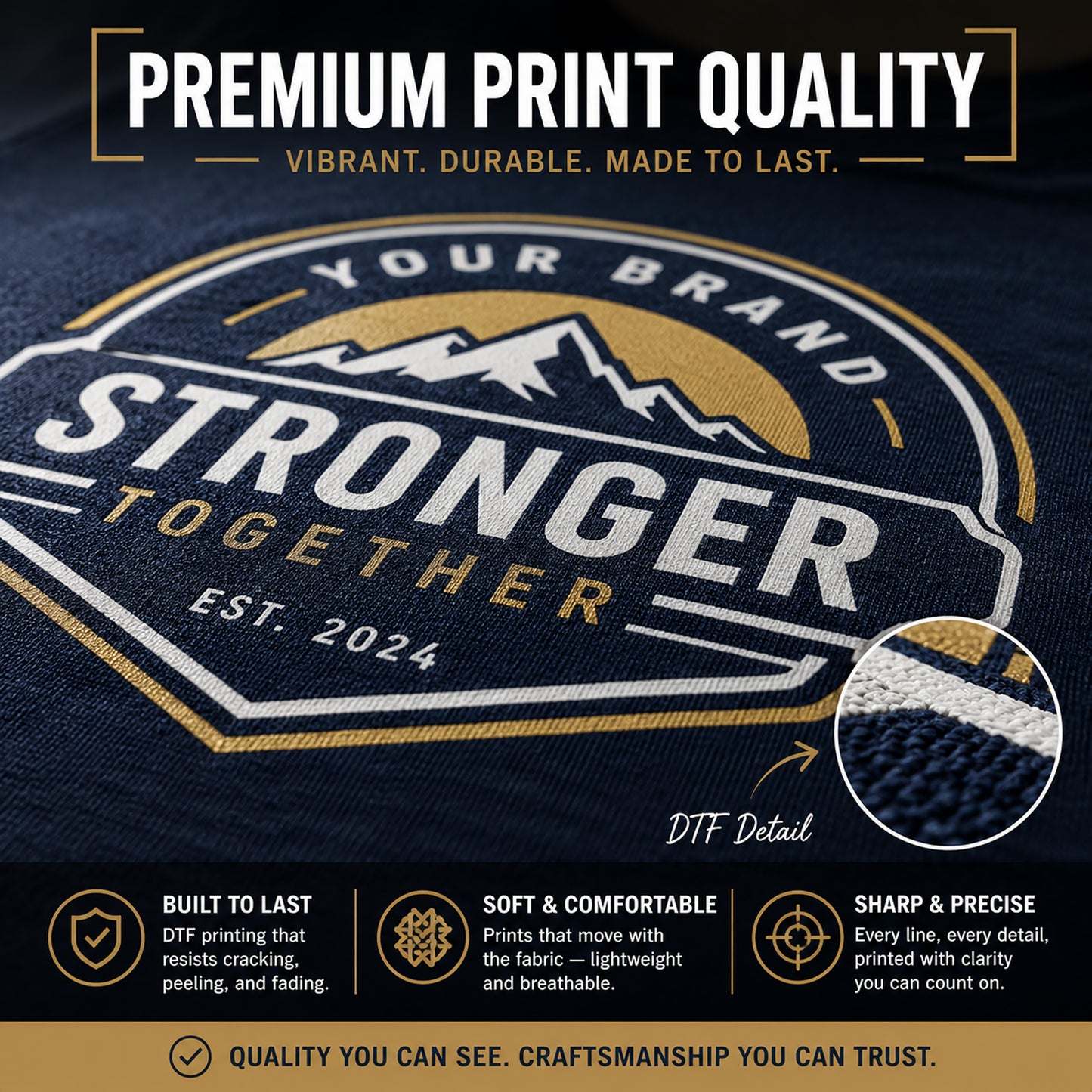 Promotional graphic for premium print quality with a mountain logo and text on a dark background.