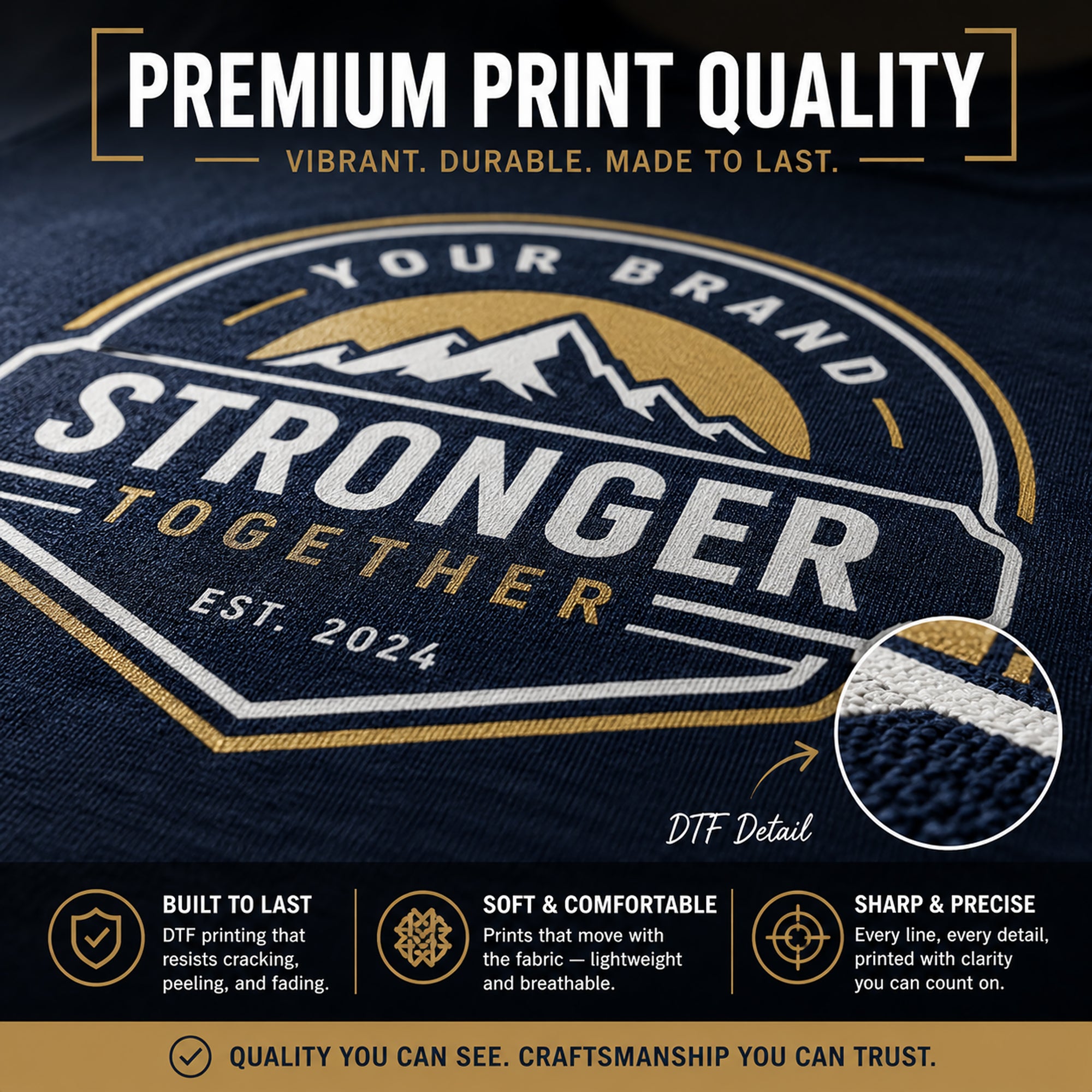 Promotional graphic for premium print quality with a mountain logo and text on a dark background.