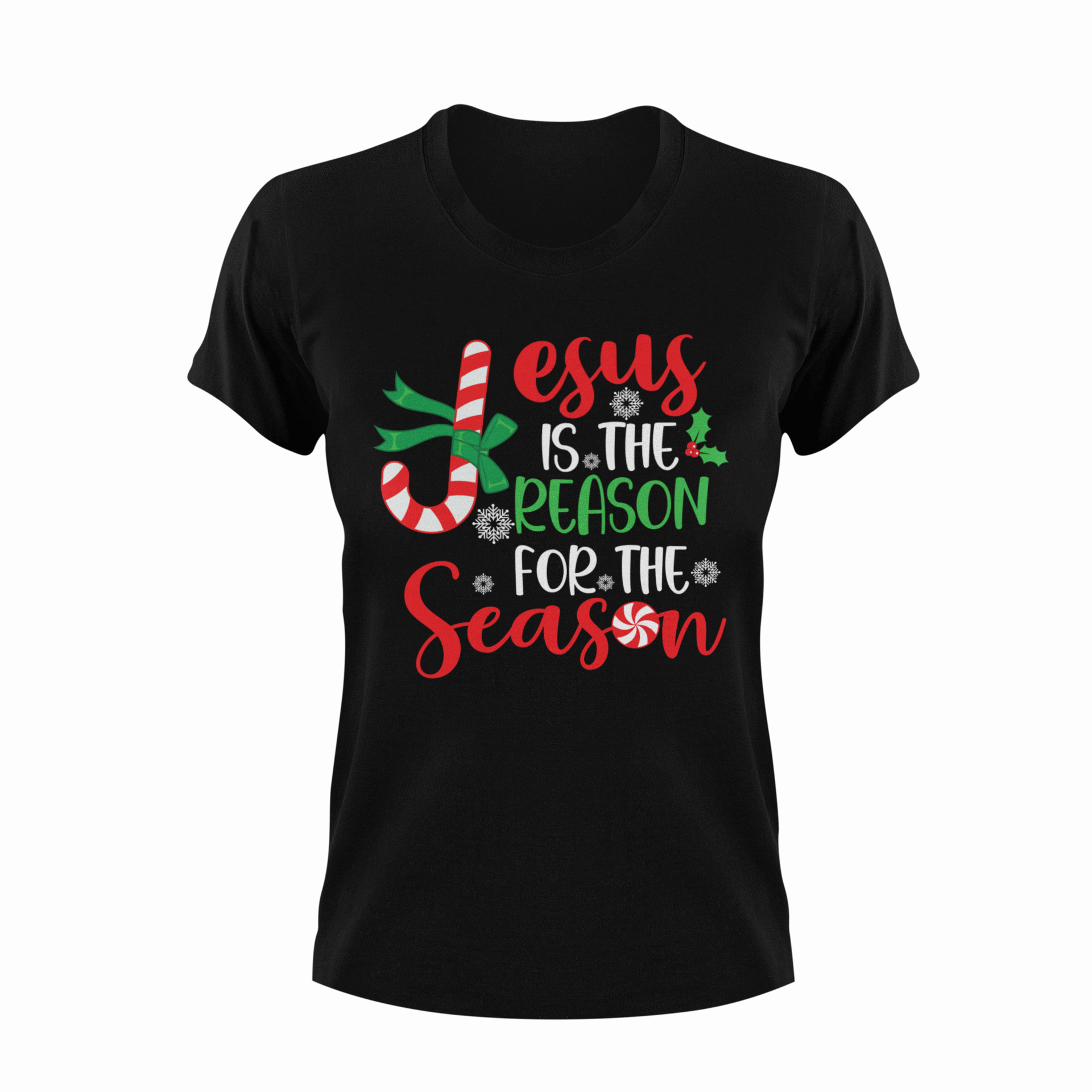 Black short-sleeve T-shirt with red 'Jesus is the reason for the season' graphic