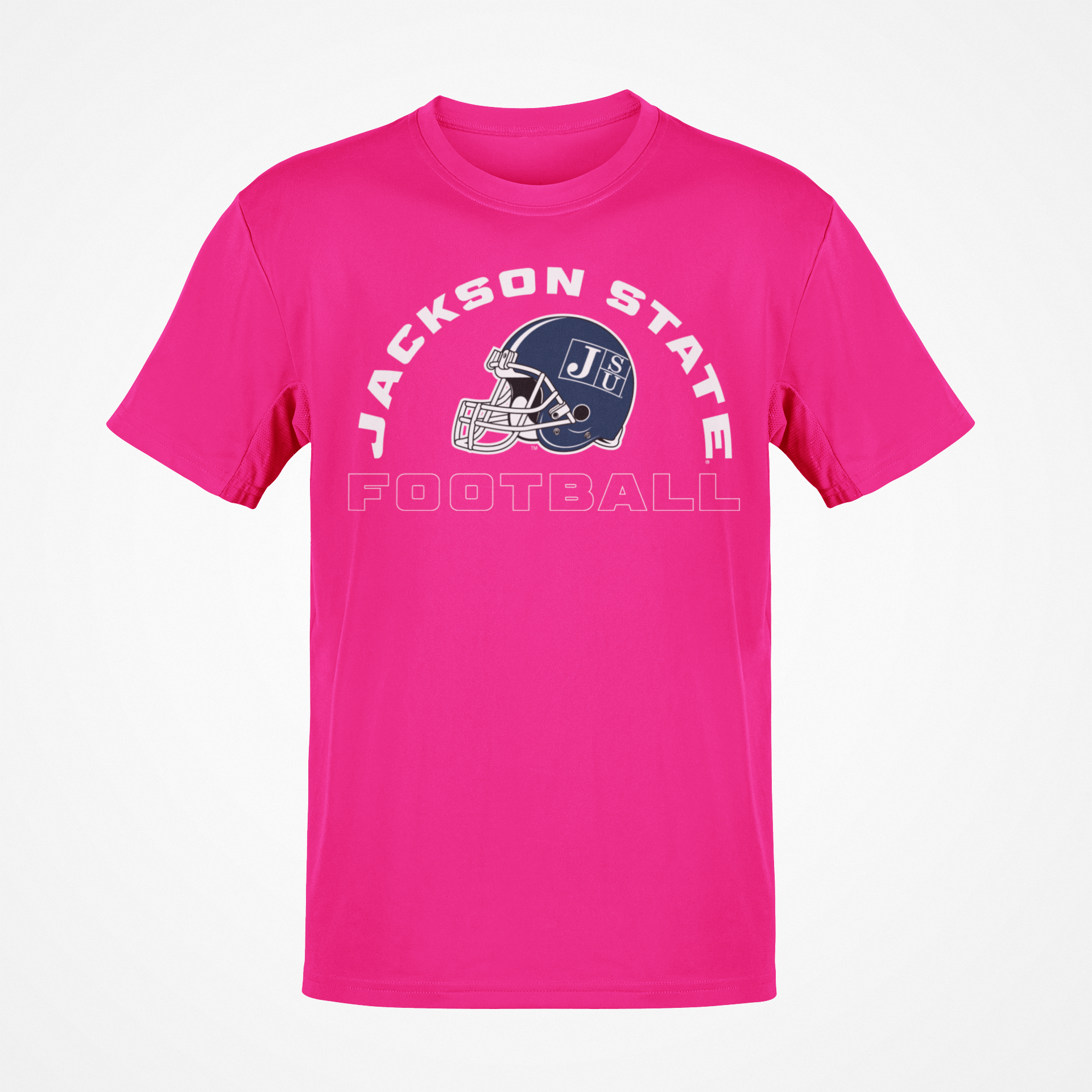Pink crewneck football T-shirt with Jackson State logo graphic on chest