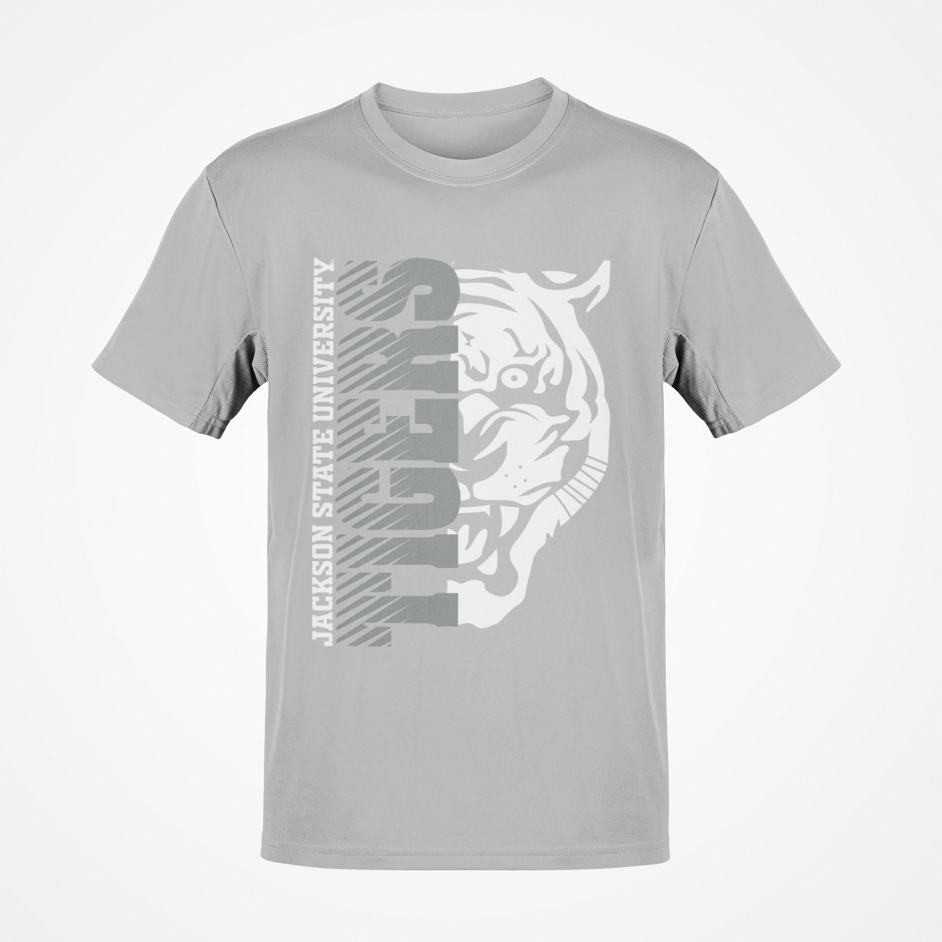 Gray short sleeve T-shirt with half tiger head graphic and vertical “Jackson State” text