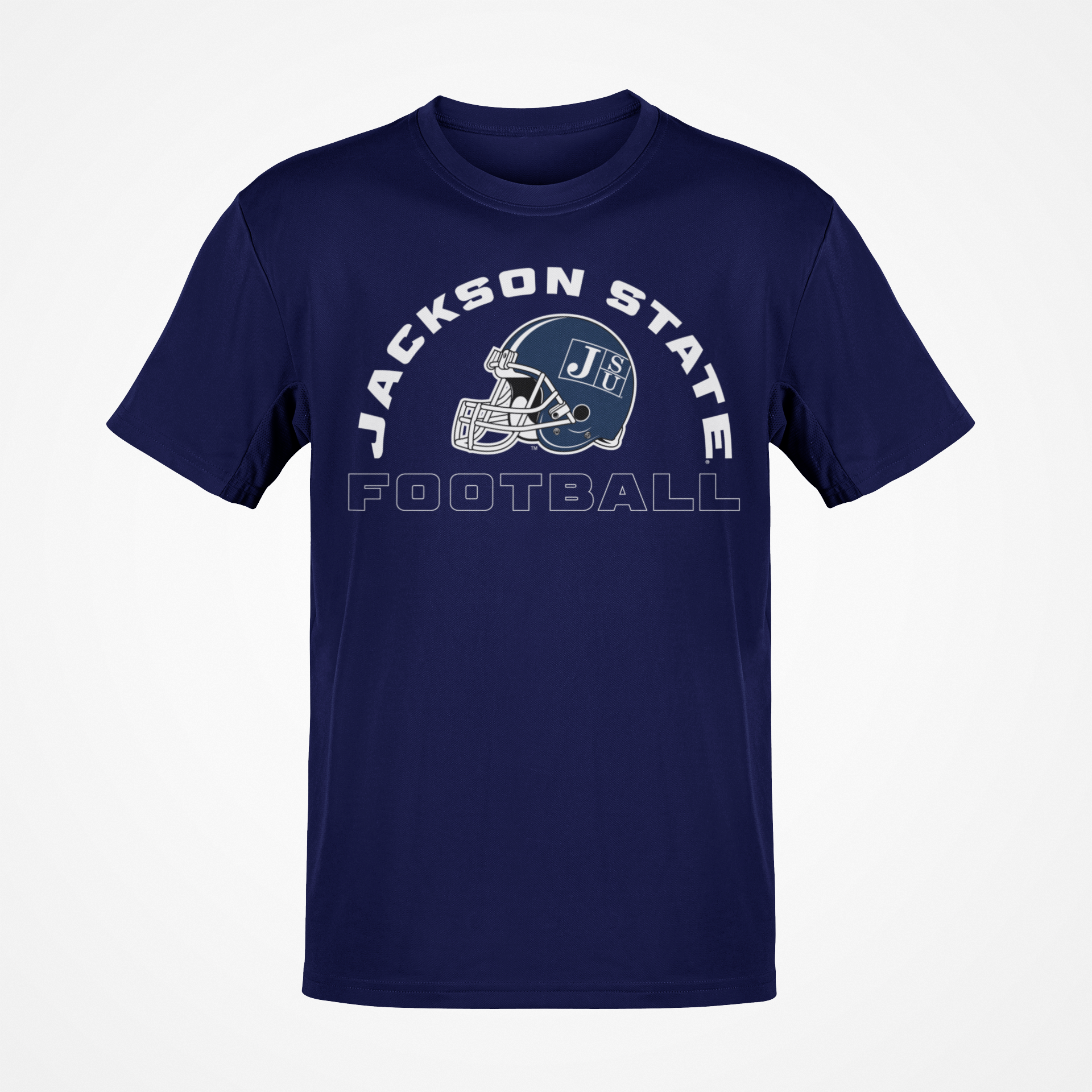 Navy crewneck football T-shirt with Jackson State logo graphic on chest