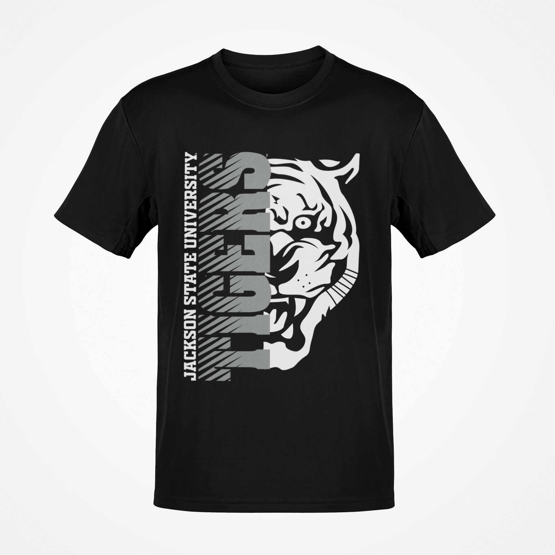 Black short sleeve T-shirt with half tiger head graphic and vertical “Jackson State” text