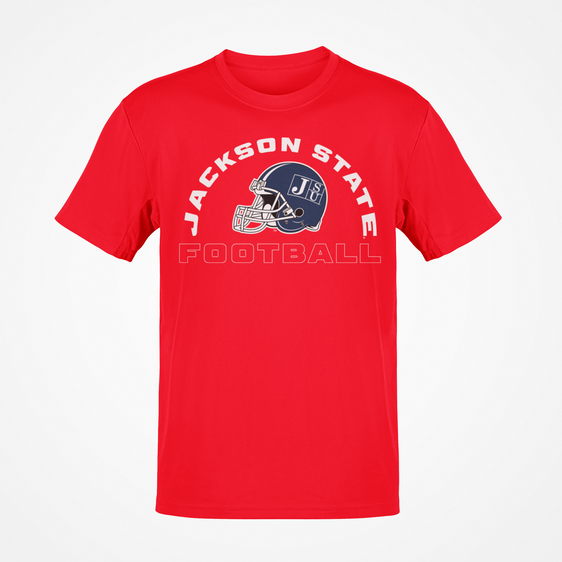 Red crewneck football T-shirt with Jackson State logo graphic on chest