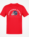 Red crewneck football T-shirt with Jackson State logo graphic on chest