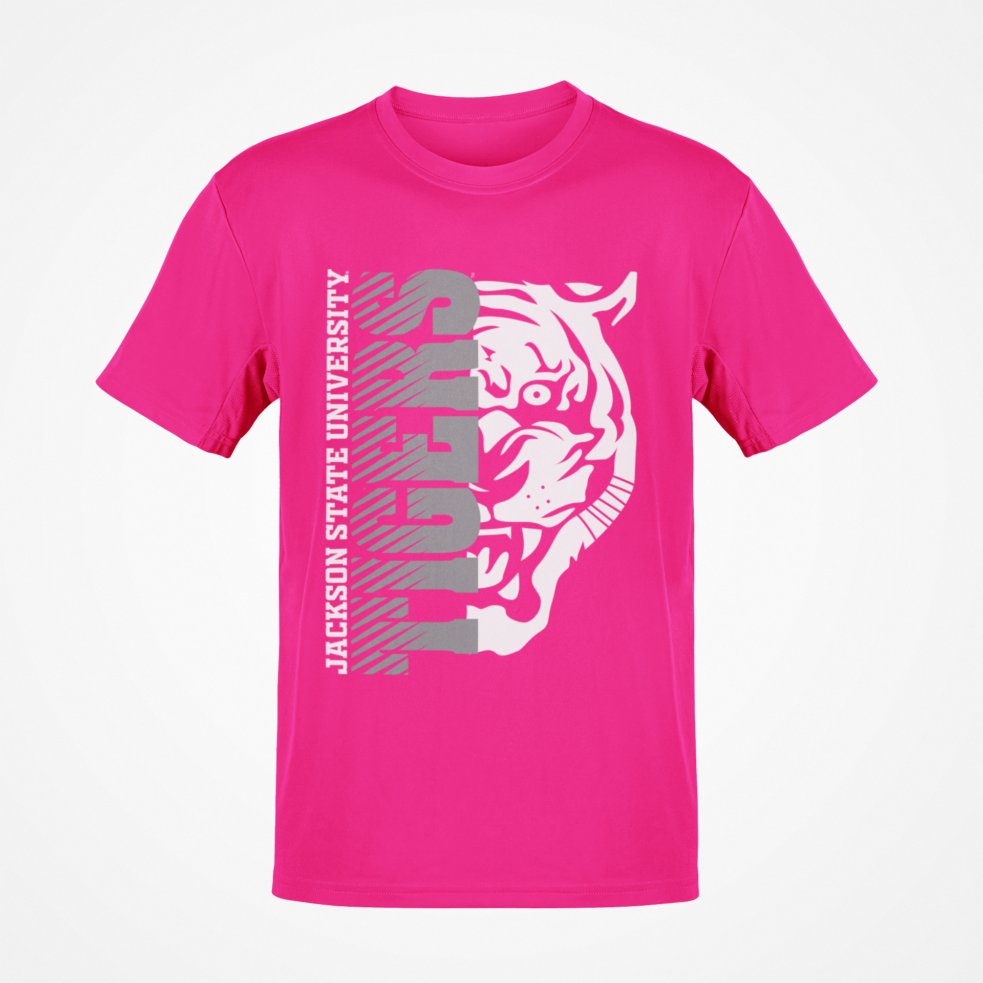Pink short sleeve T-shirt with half tiger head graphic and vertical “Jackson State” text