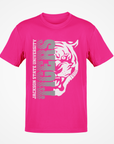 Pink short sleeve T-shirt with half tiger head graphic and vertical “Jackson State” text