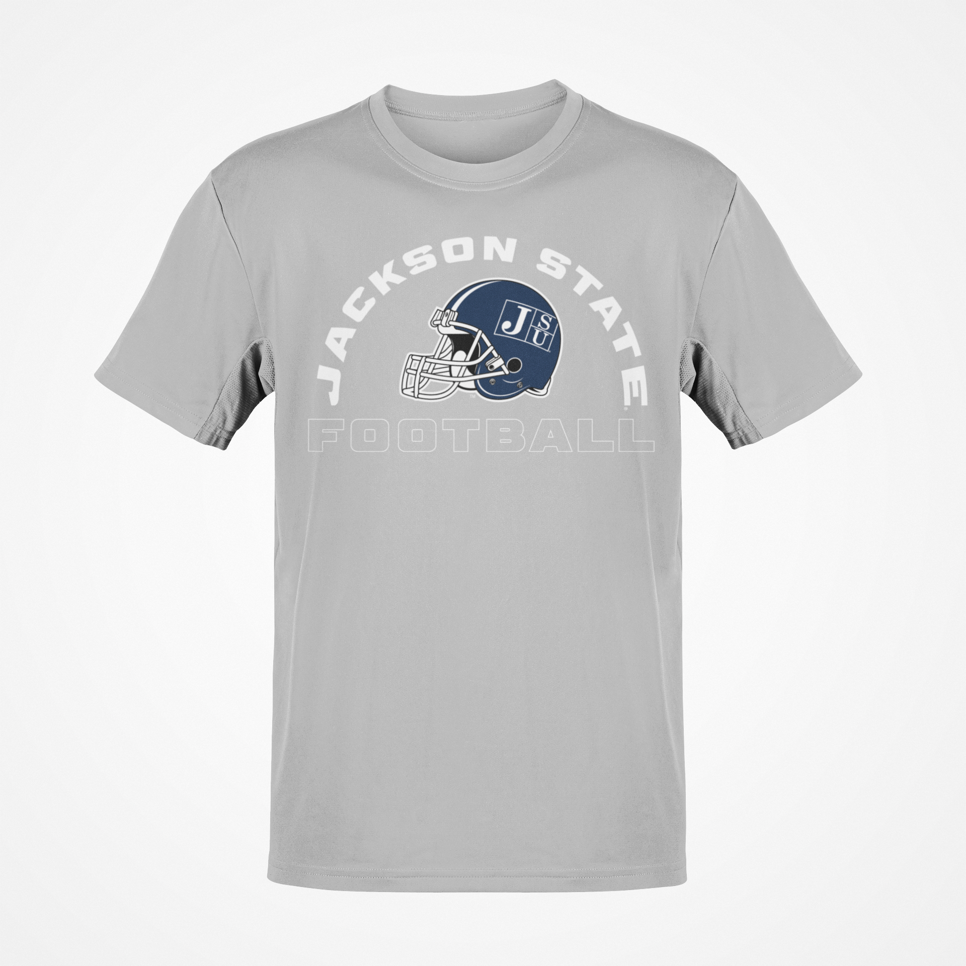 Gray crewneck football T-shirt with Jackson State logo graphic on chest