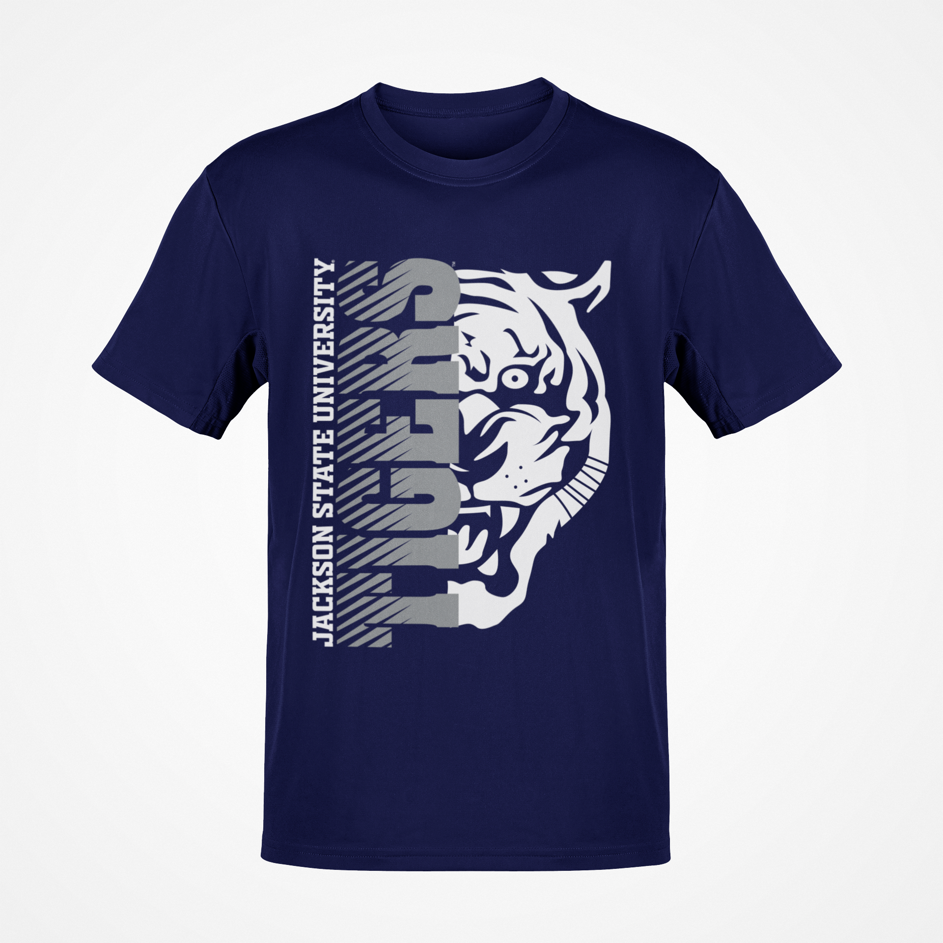 Navy short sleeve T-shirt with half tiger head graphic and vertical “Jackson State” text