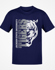 Navy short sleeve T-shirt with half tiger head graphic and vertical “Jackson State” text