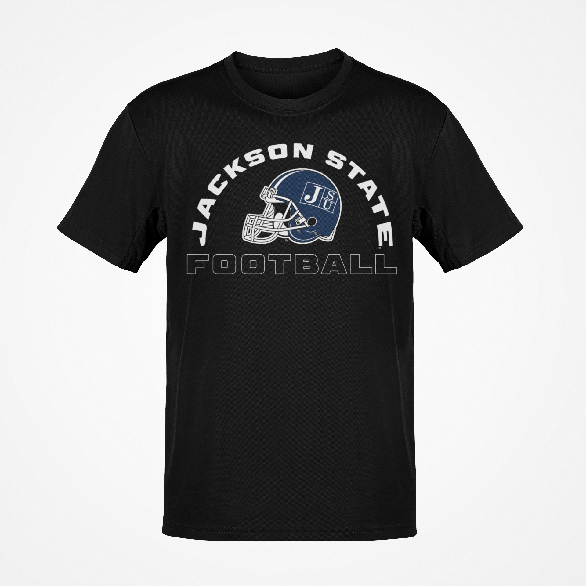 Black crewneck football T-shirt with Jackson State logo graphic on chest