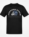 Black crewneck football T-shirt with Jackson State logo graphic on chest