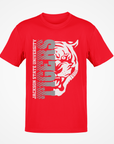 Red short sleeve T-shirt with half tiger head graphic and vertical “Jackson State” text