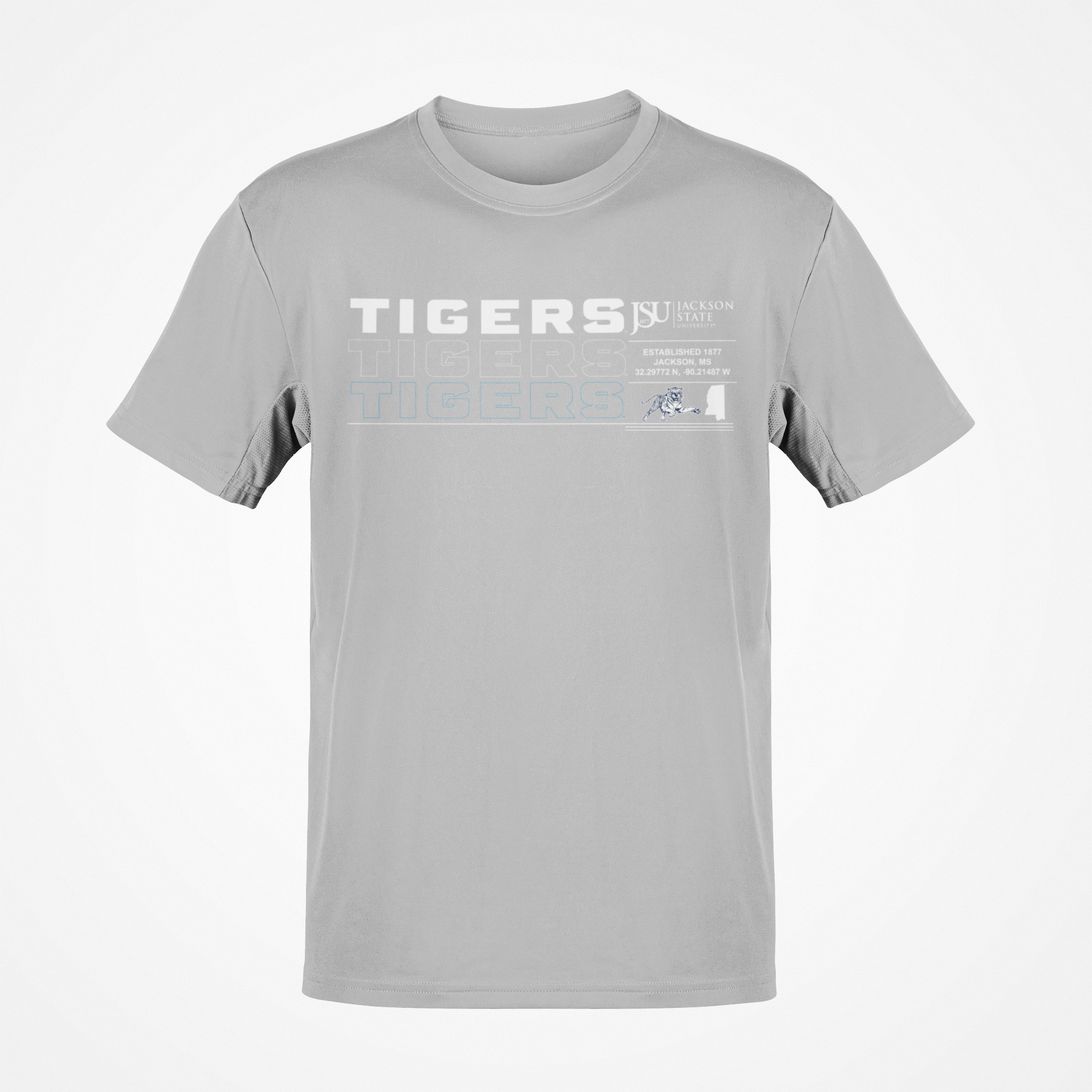 Gray short-sleeve T-shirt with “TIGERS” repeat graphic and team emblem on chest
