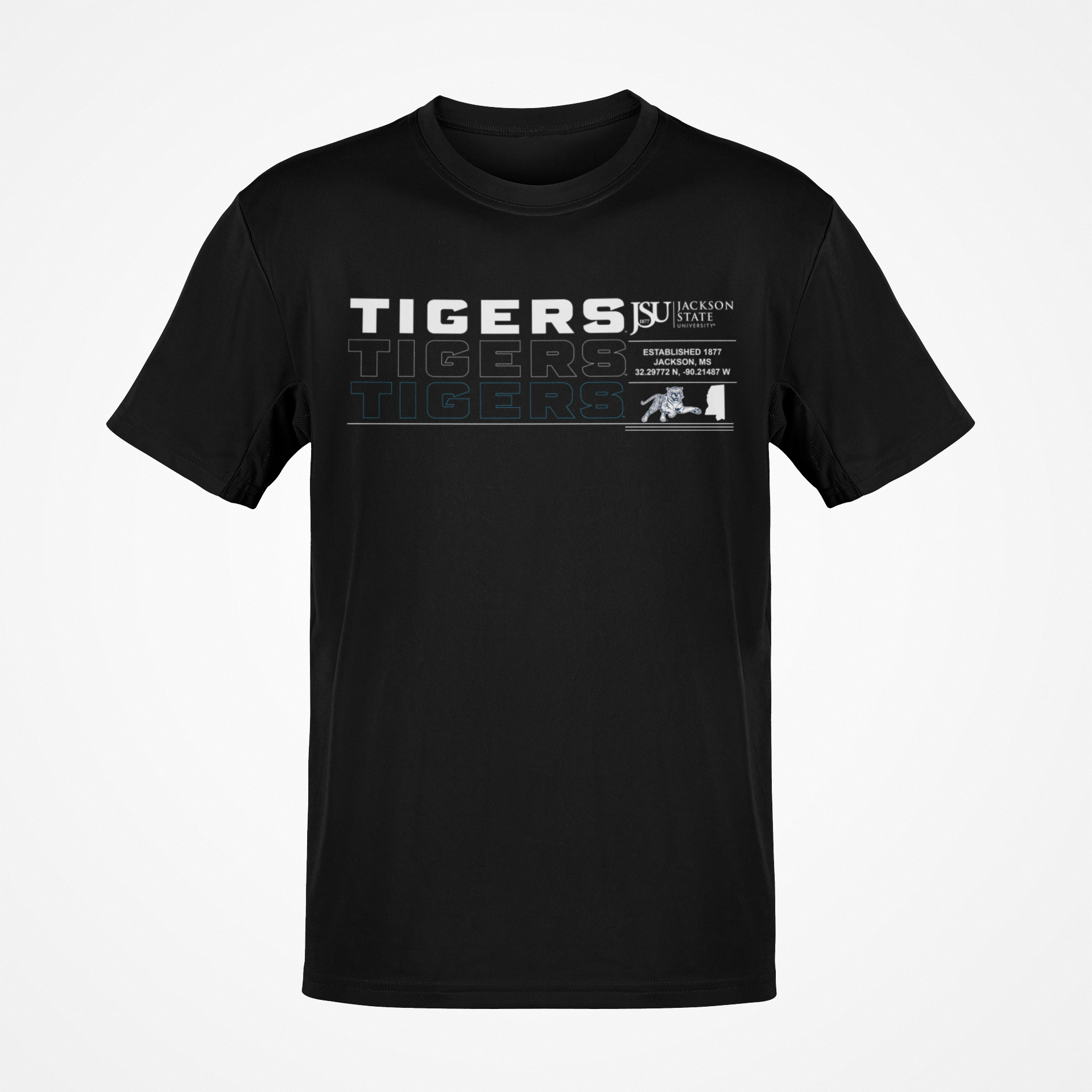 Black short-sleeve T-shirt with “TIGERS” repeat graphic and team emblem on chest