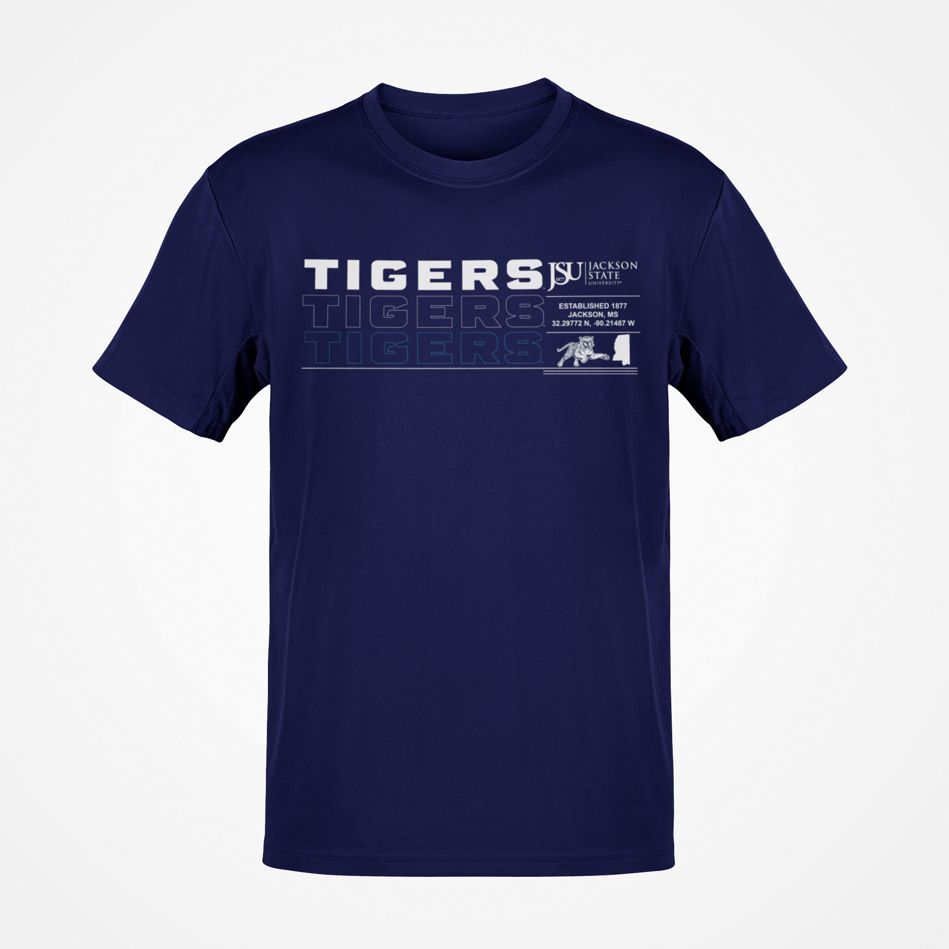 Navy short-sleeve T-shirt with “TIGERS” repeat graphic and team emblem on chest