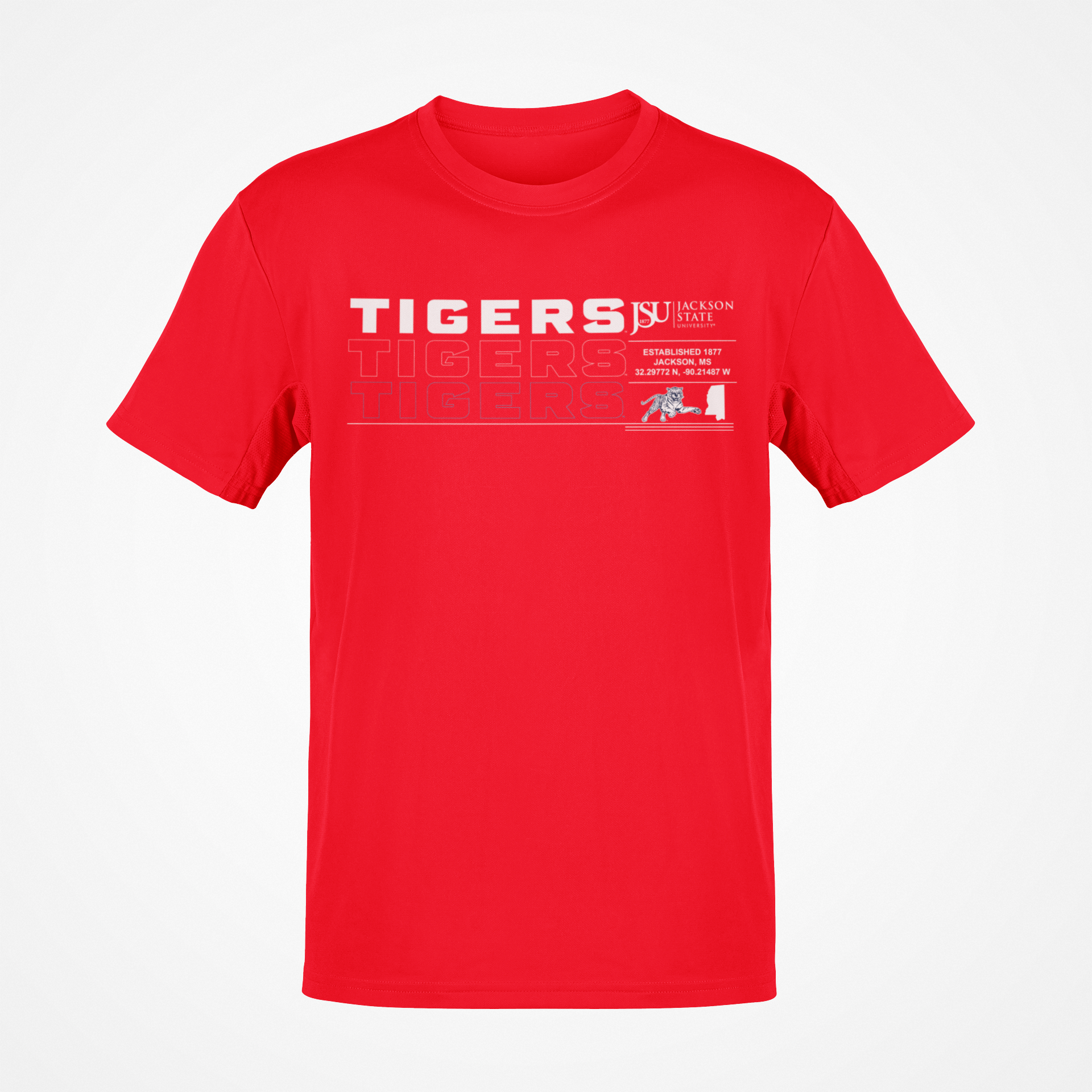 Red short-sleeve T-shirt with “TIGERS” repeat graphic and team emblem on chest