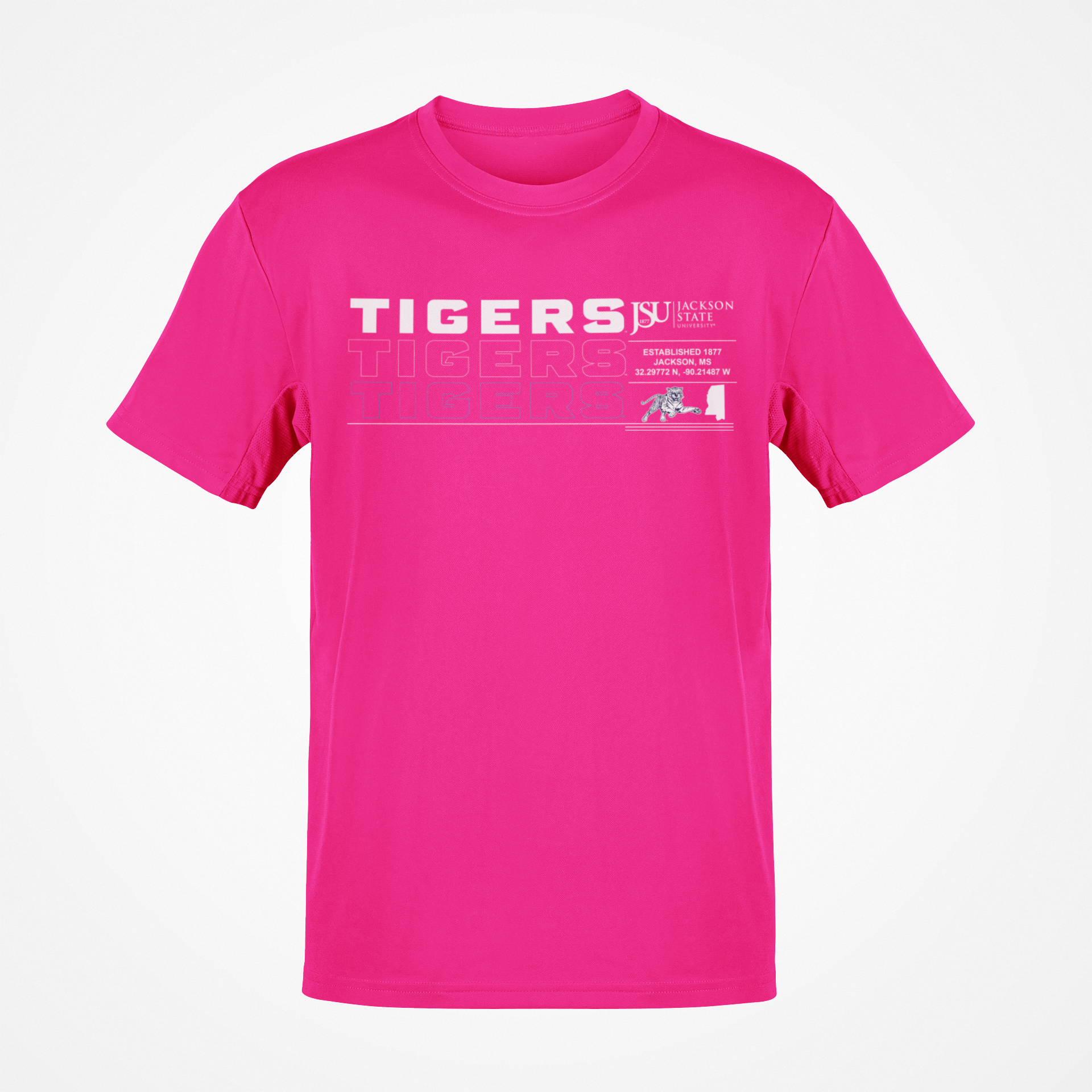 Pink short-sleeve T-shirt with “TIGERS” repeat graphic and team emblem on chest