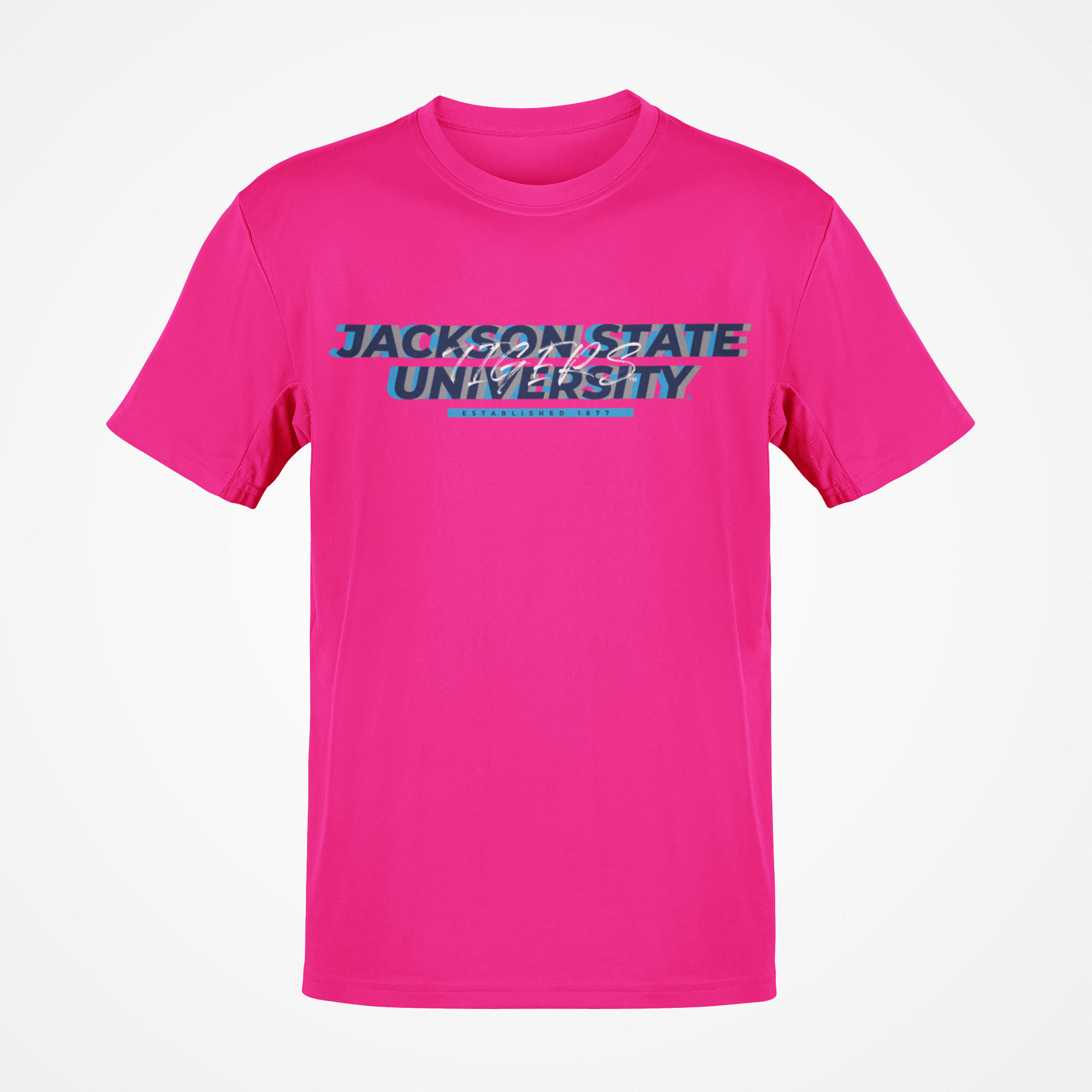 Pink short sleeve T-shirt with front Jackson State University logo graphic