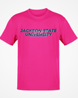Pink short sleeve T-shirt with front Jackson State University logo graphic