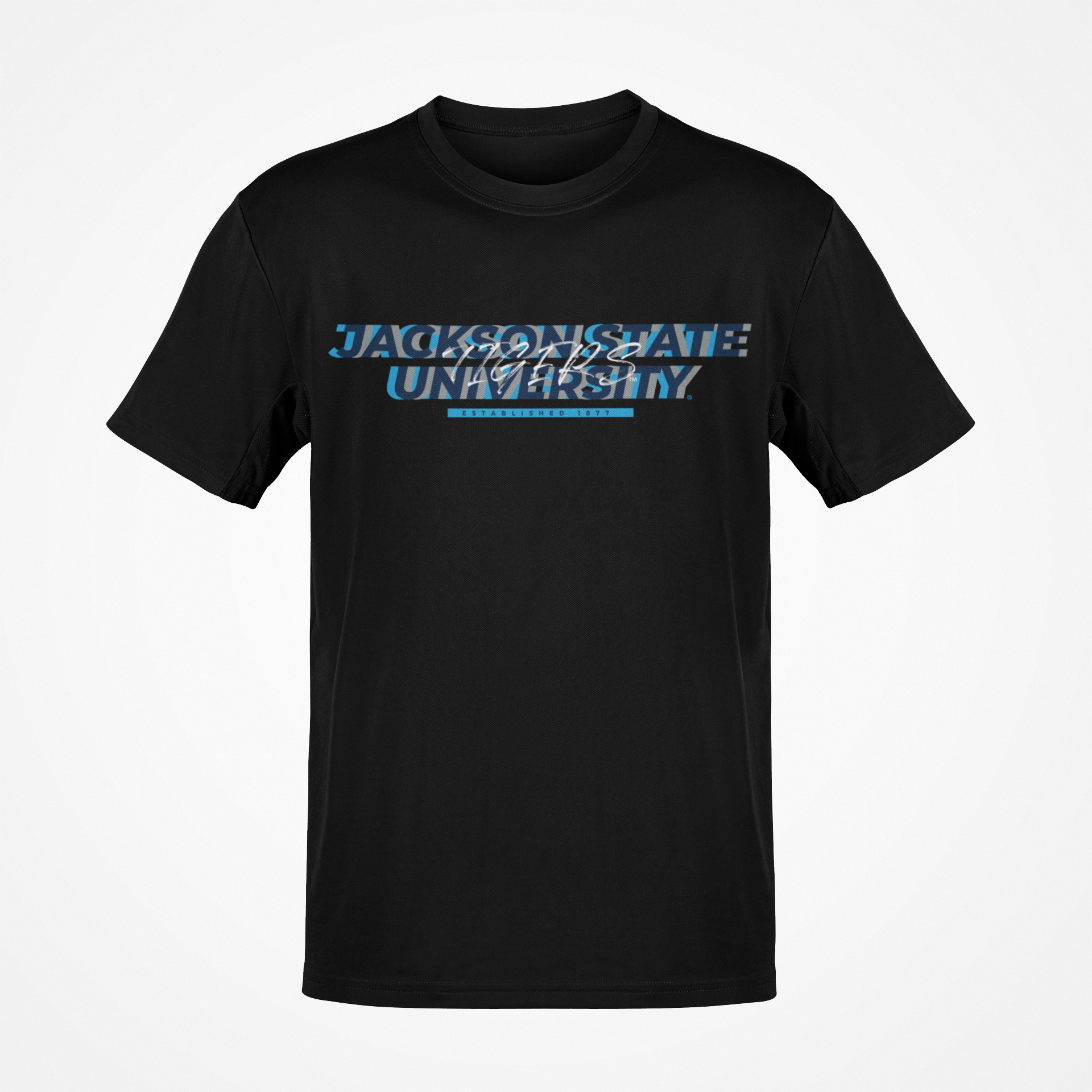 Black short sleeve T-shirt with front Jackson State University logo graphic