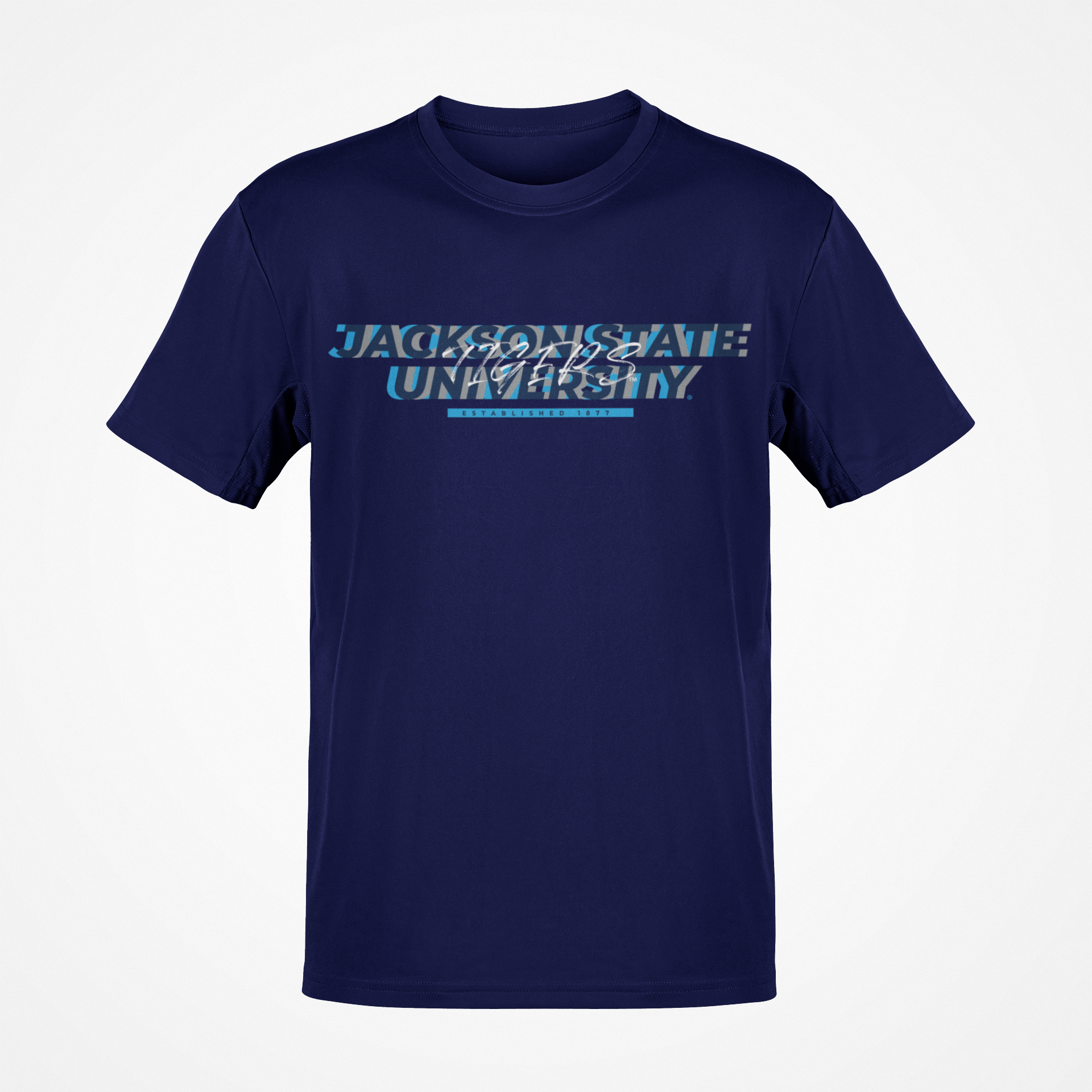 Navy short sleeve T-shirt with front Jackson State University logo graphic