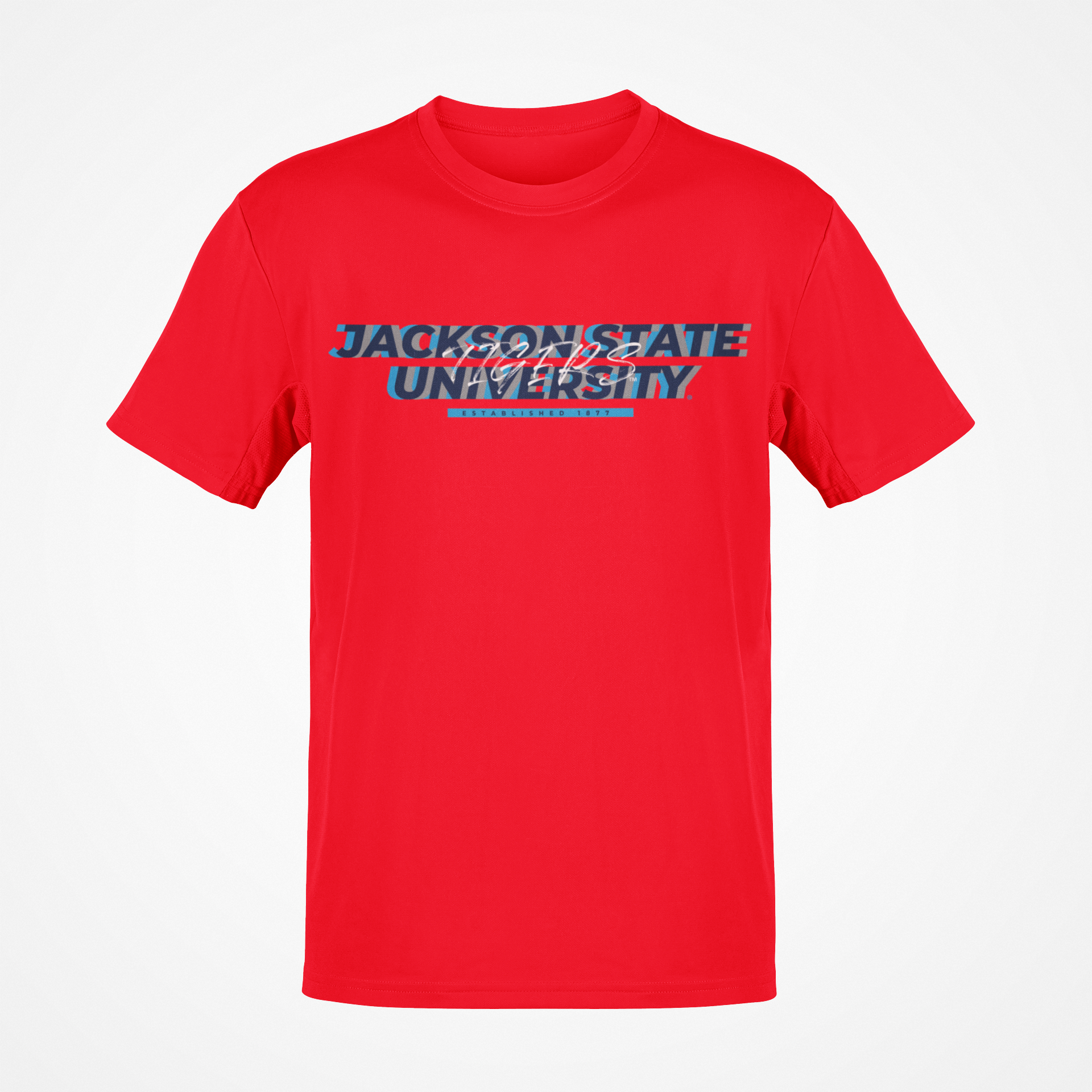 Red short sleeve T-shirt with front Jackson State University logo graphic