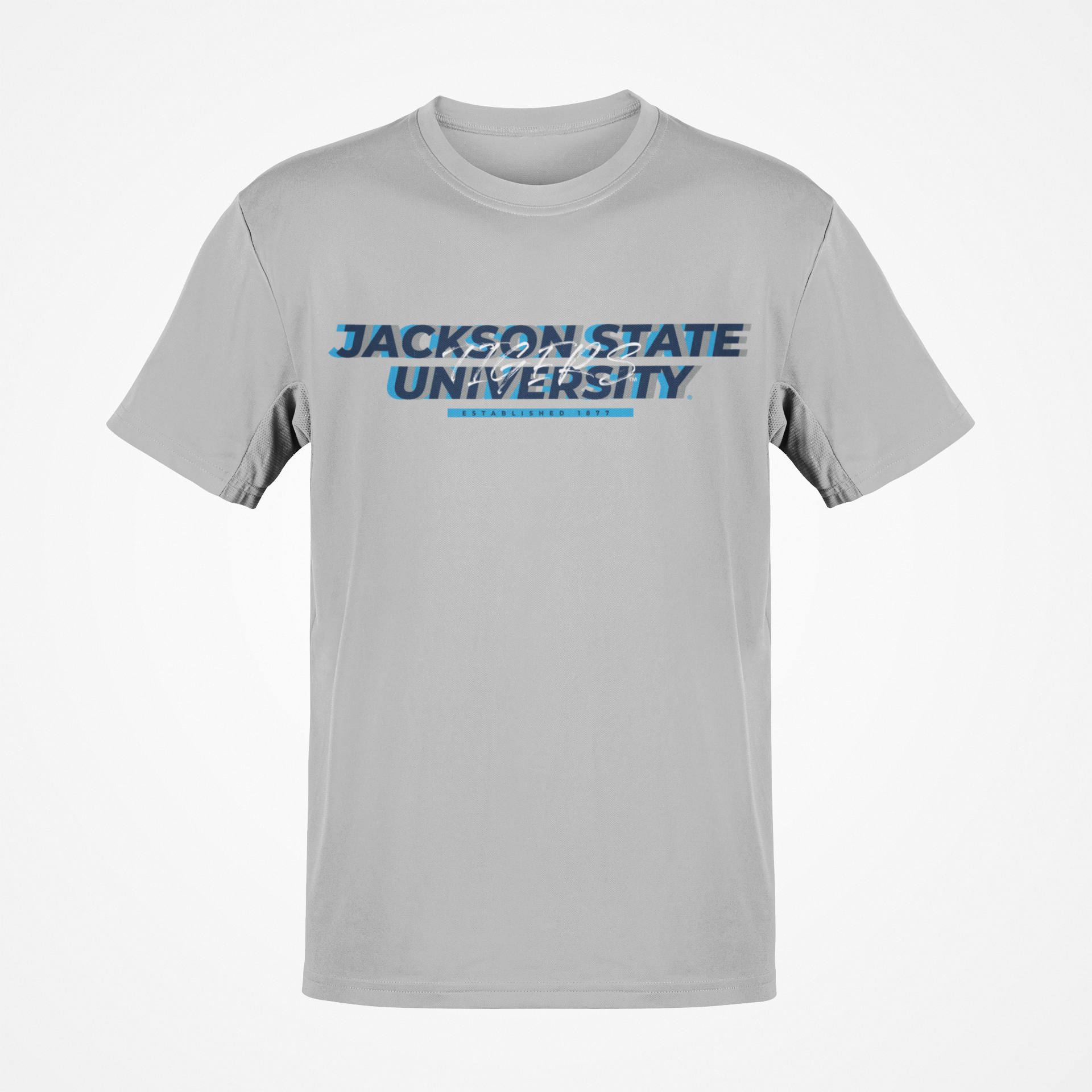 Gray short sleeve T-shirt with front Jackson State University logo graphic