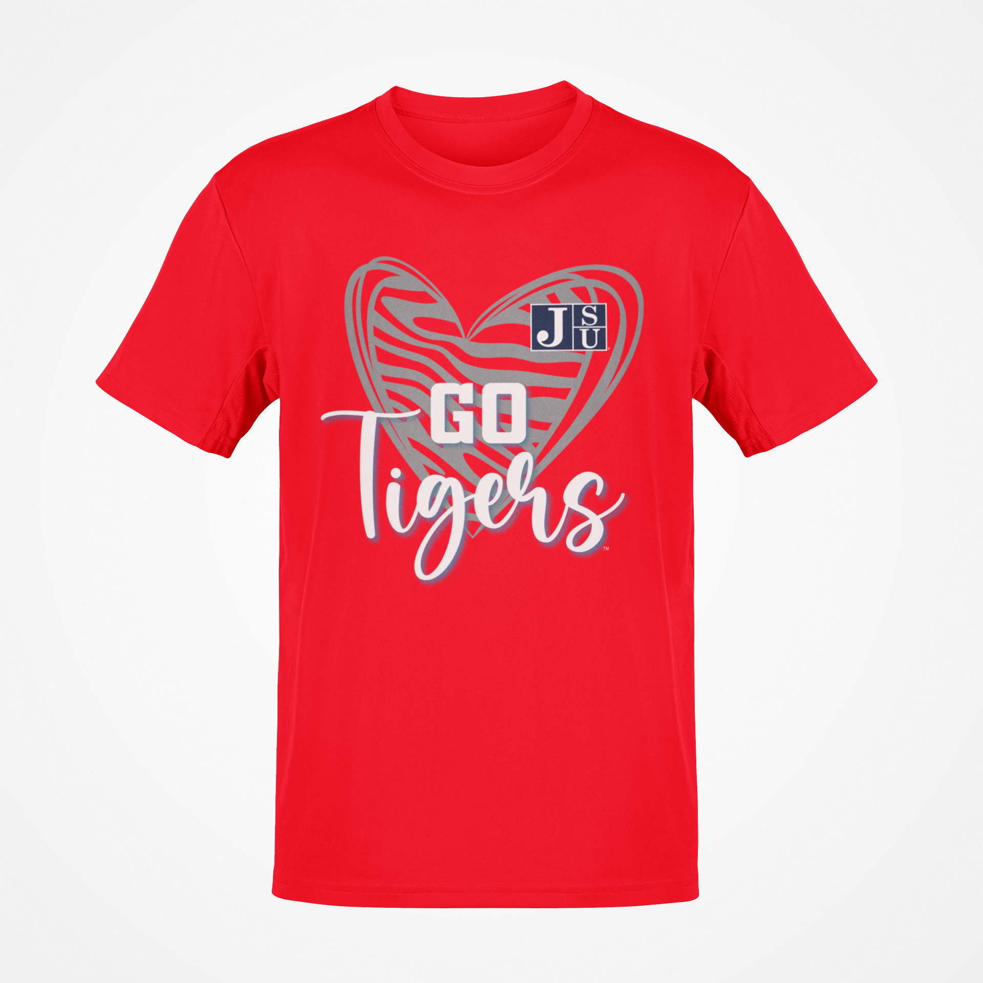 Red short-sleeve T-shirt with heart 'Go Tigers' graphic and JSU logo
