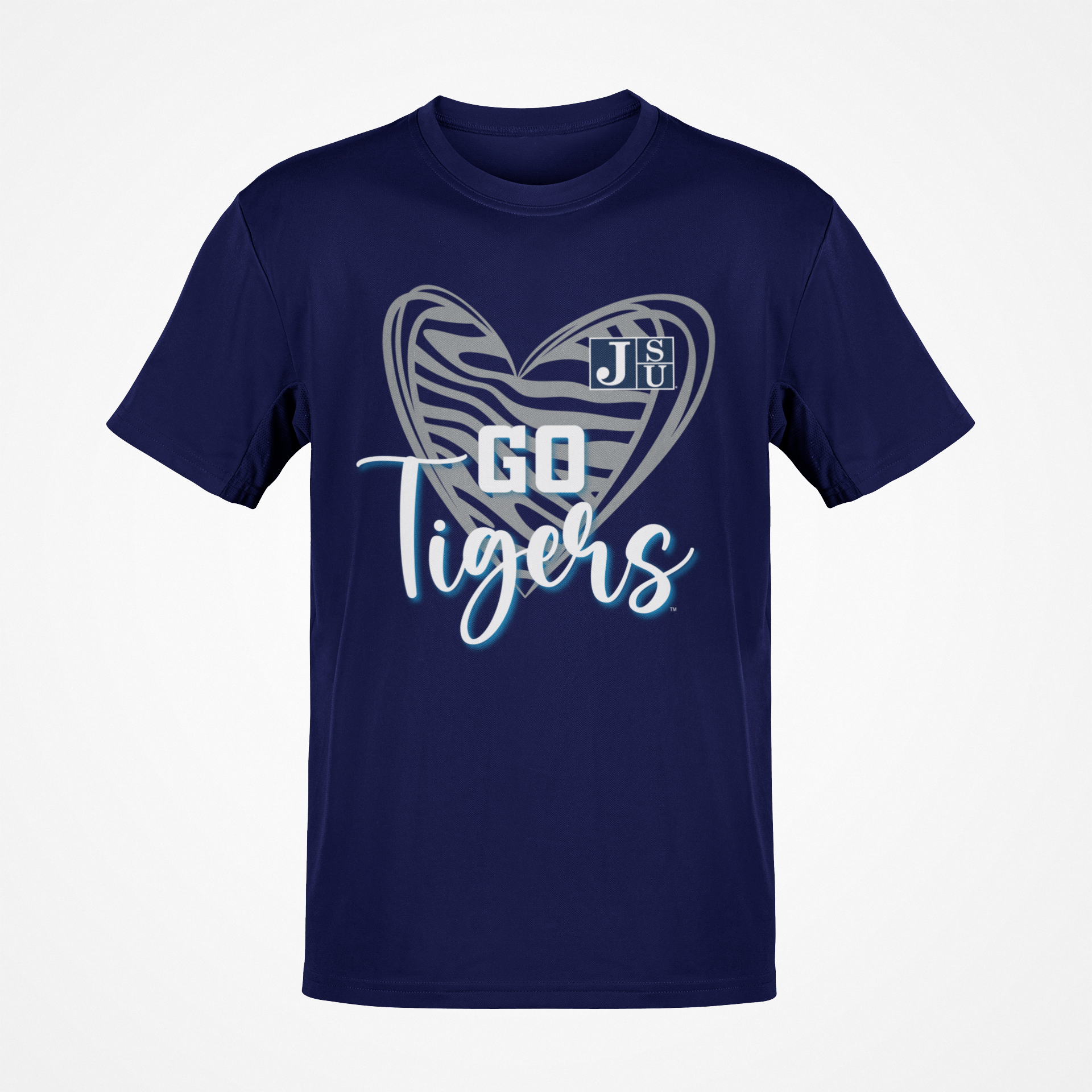 Navy blue short-sleeve T-shirt with heart 'Go Tigers' graphic and JSU logo
