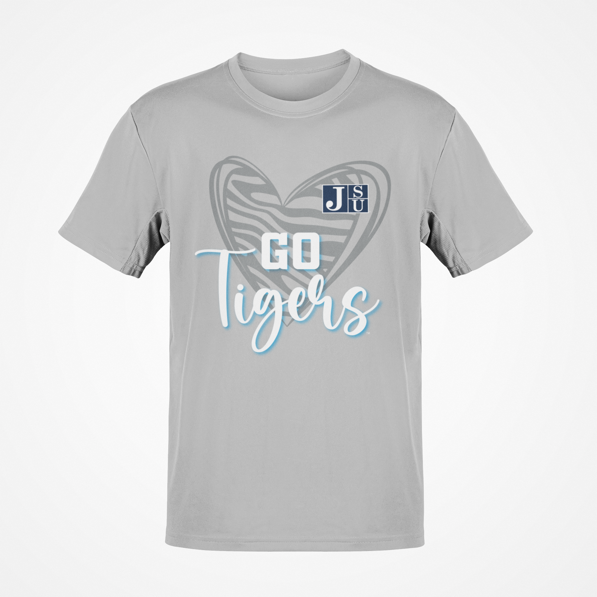 Gray short-sleeve T-shirt with heart 'Go Tigers' graphic and JSU logo