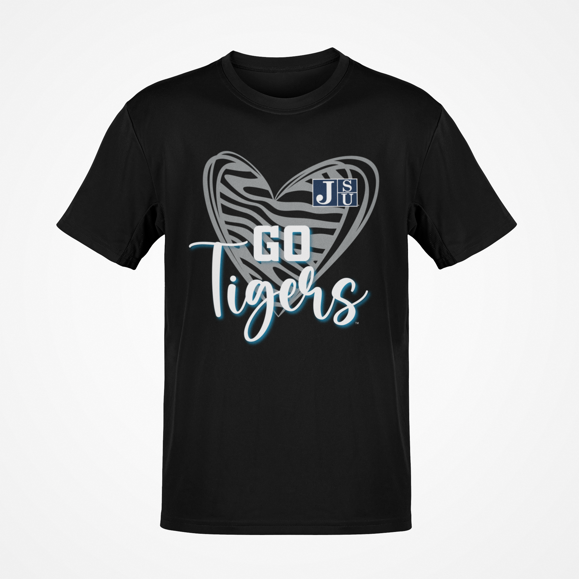 Black short-sleeve T-shirt with heart 'Go Tigers' graphic and JSU logo