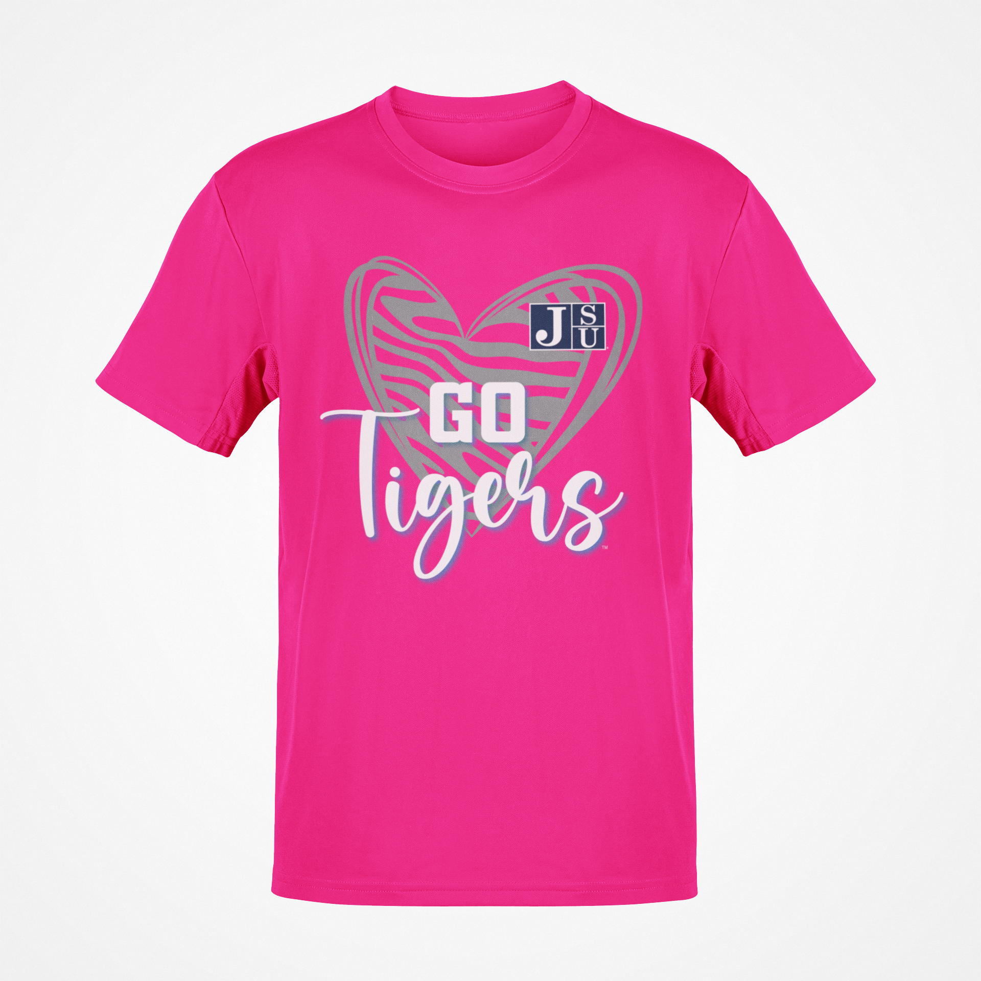 Pink short-sleeve T-shirt with heart 'Go Tigers' graphic and JSU logo