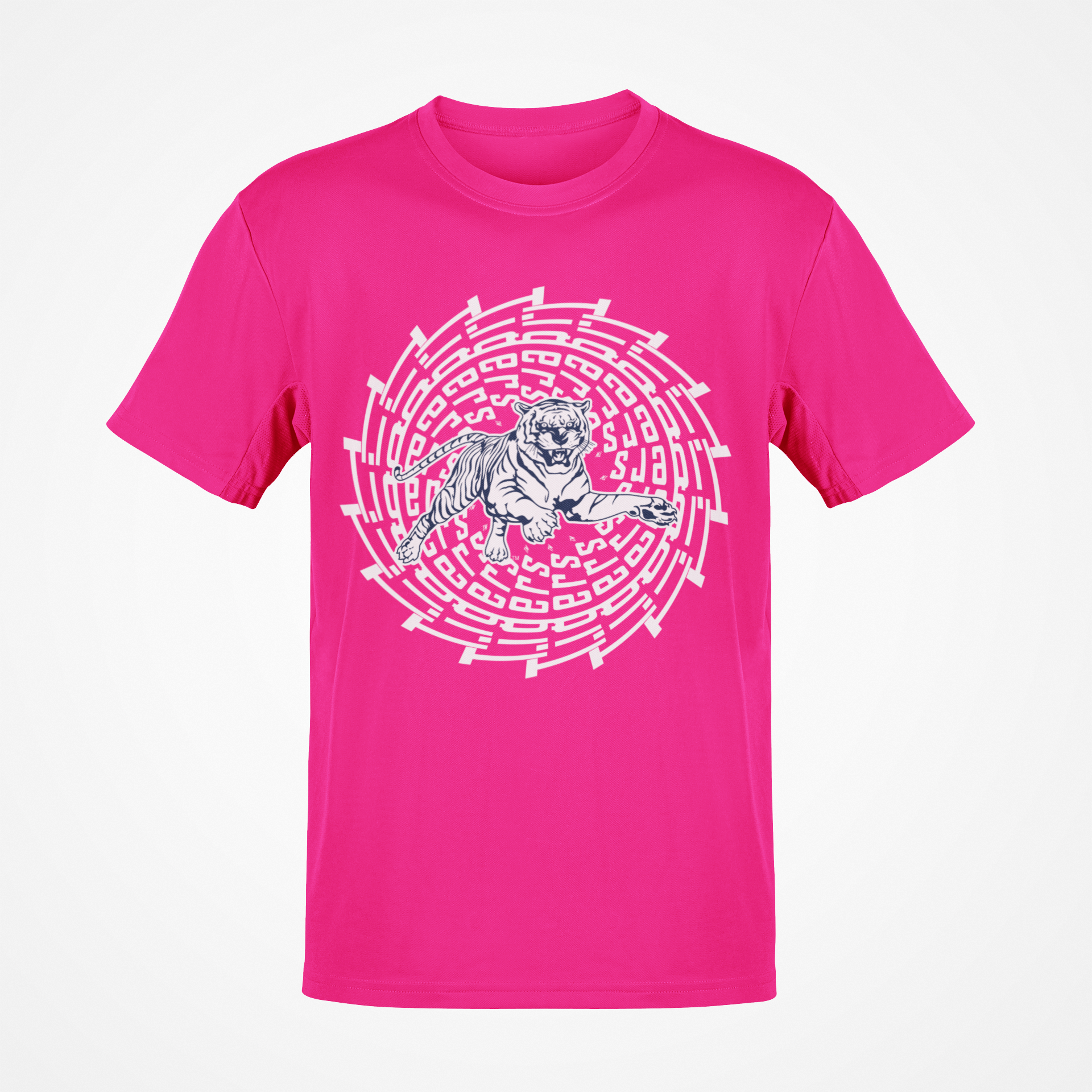 Pink short sleeve T-shirt with white tiger face maze graphic at center