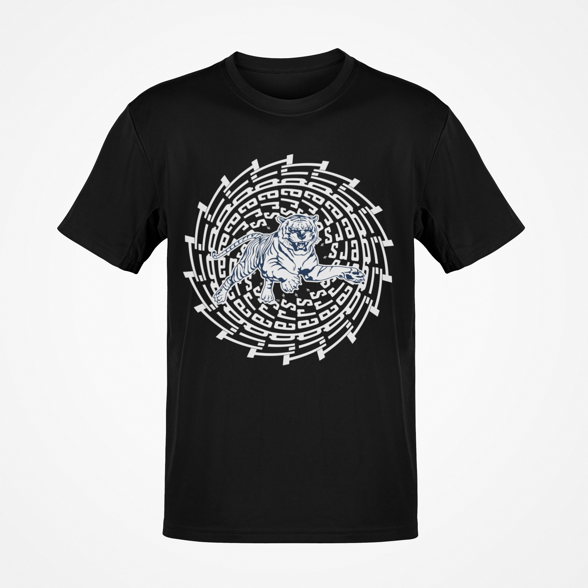 Black short sleeve T-shirt with white tiger face maze graphic at center