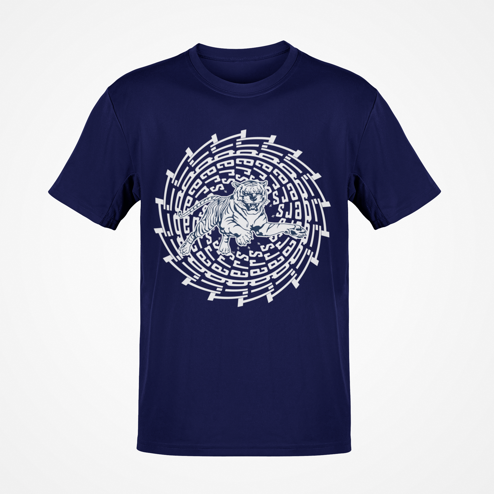 Navy short sleeve T-shirt with white tiger face maze graphic at center