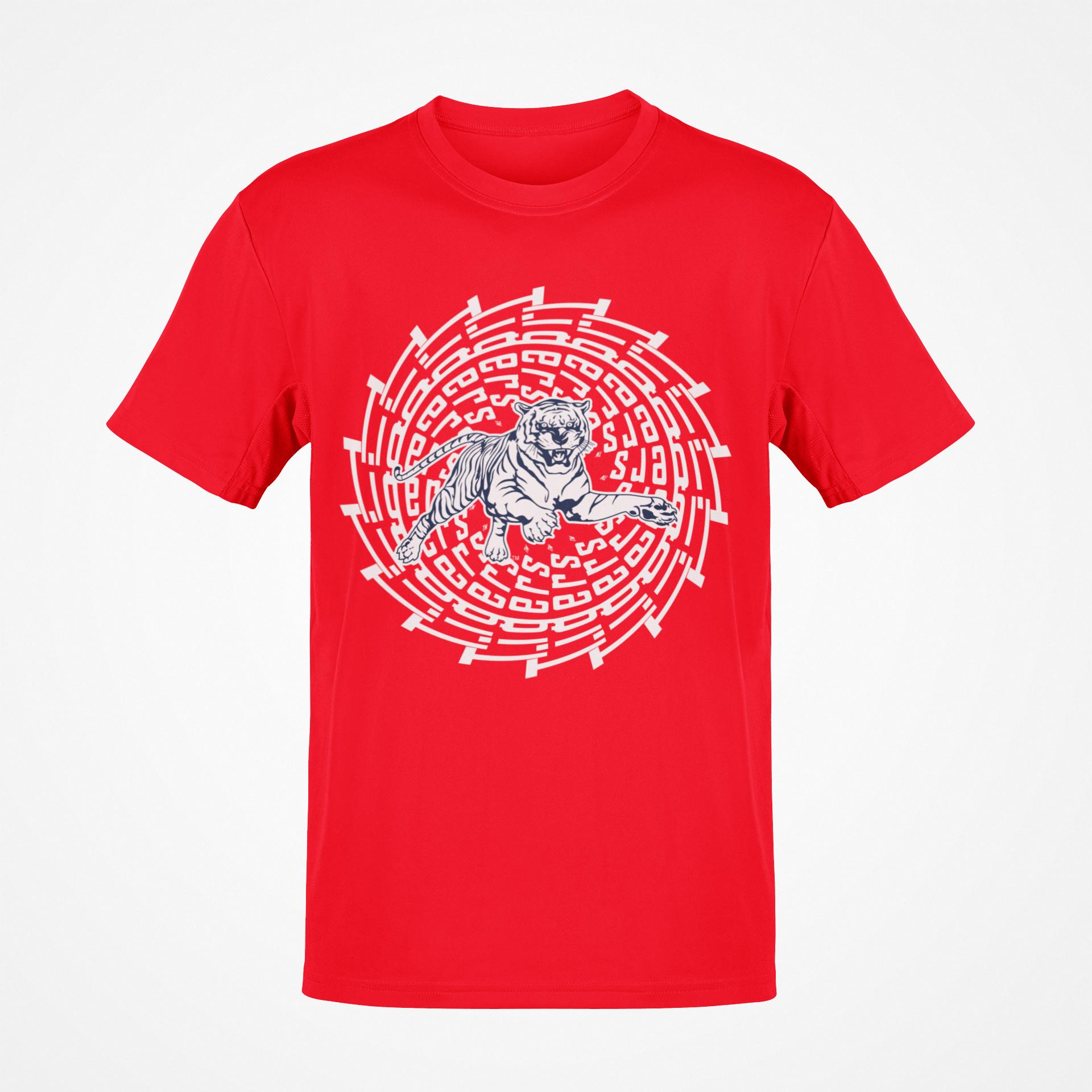 Red short sleeve T-shirt with white tiger face maze graphic at center