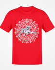 Red short sleeve T-shirt with white tiger face maze graphic at center