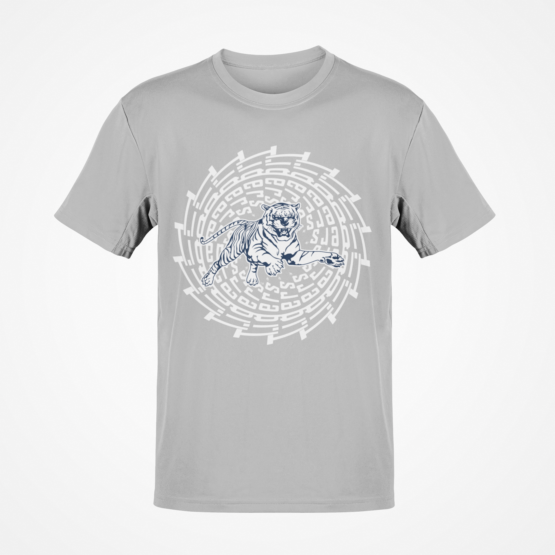Gray short sleeve T-shirt with white tiger face maze graphic at center