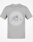 Gray short sleeve T-shirt with white tiger face maze graphic at center