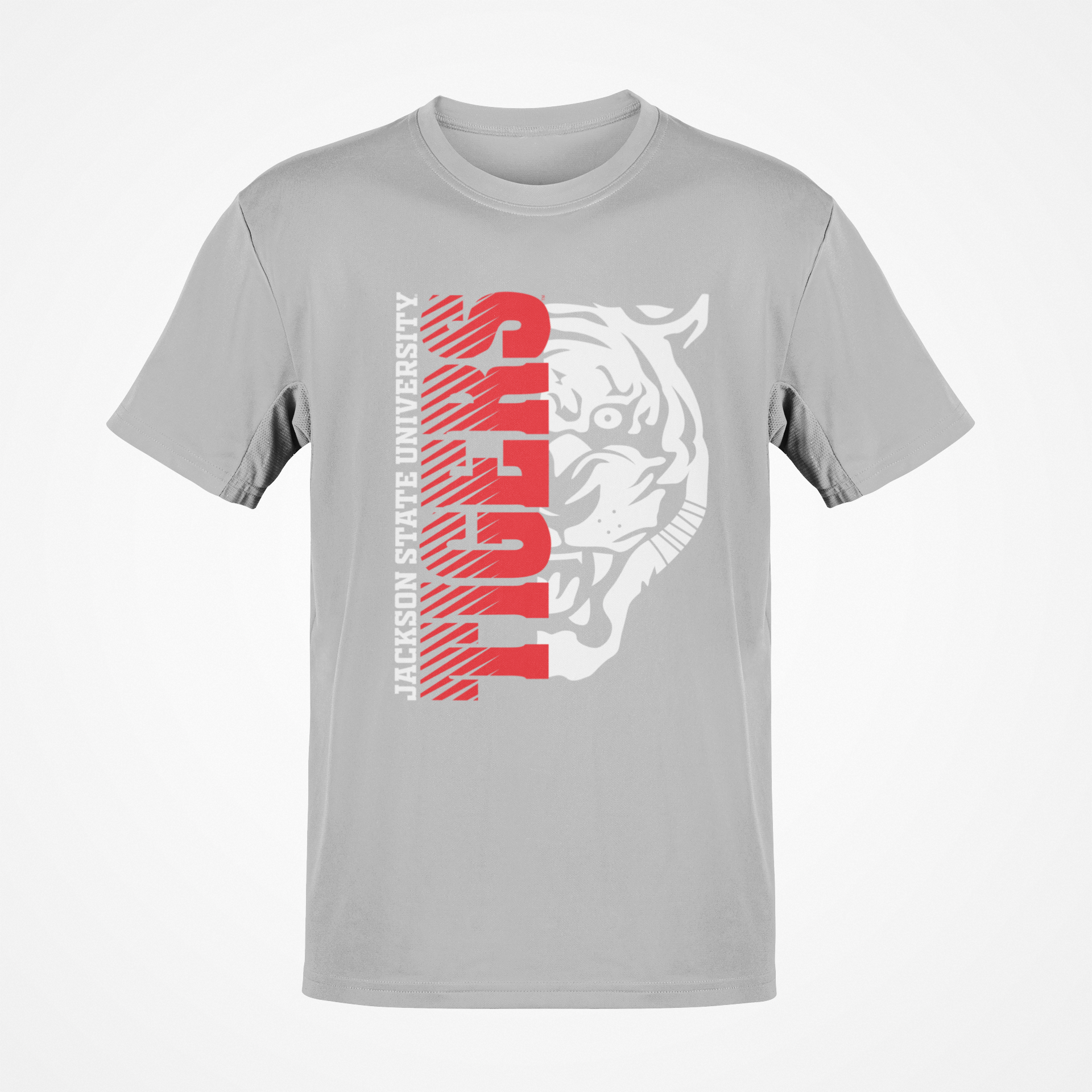 Gray short-sleeve T-shirt with red vertical tiger-head graphic on front
