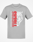 Gray short-sleeve T-shirt with red vertical tiger-head graphic on front