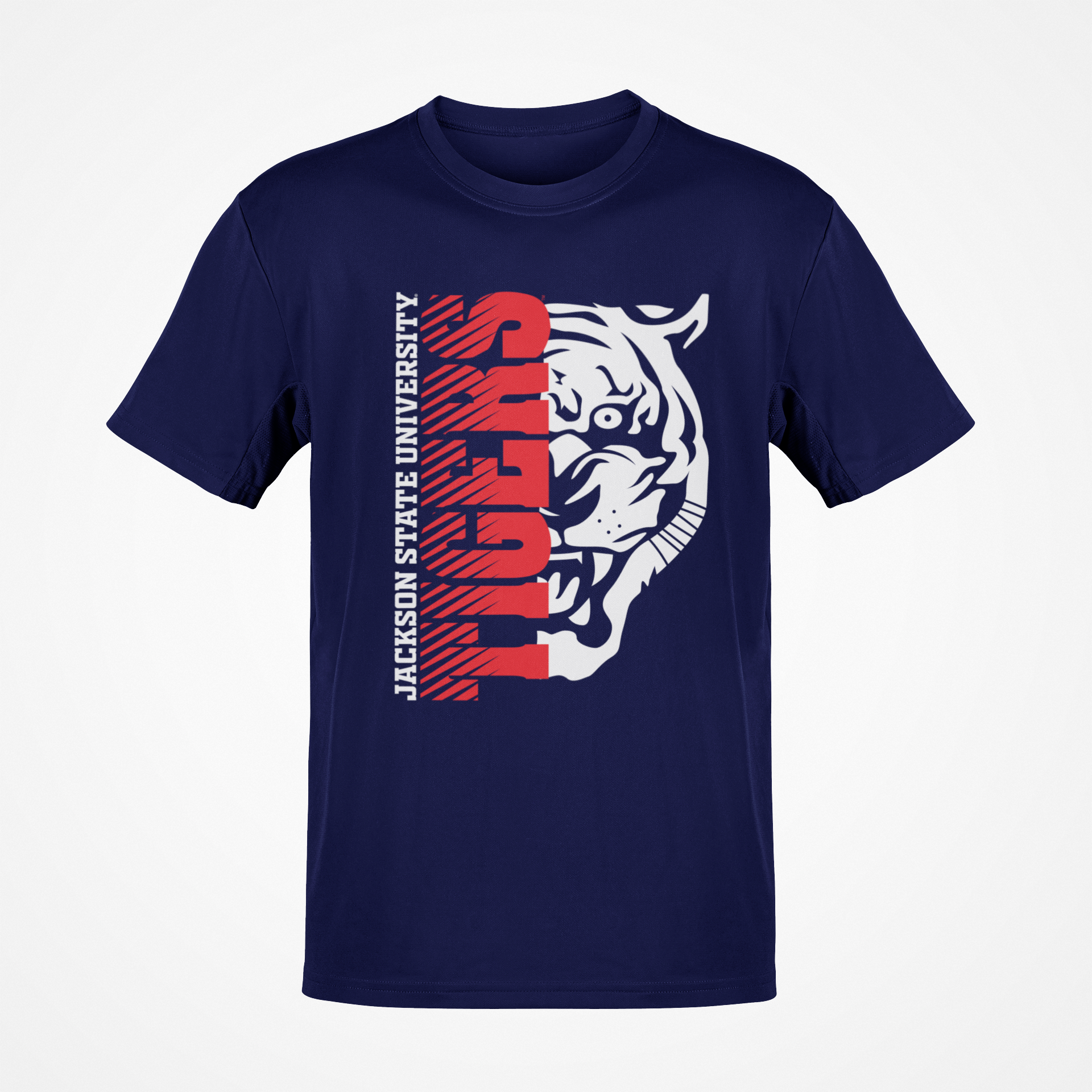 Navy short-sleeve T-shirt with red vertical tiger-head graphic on front