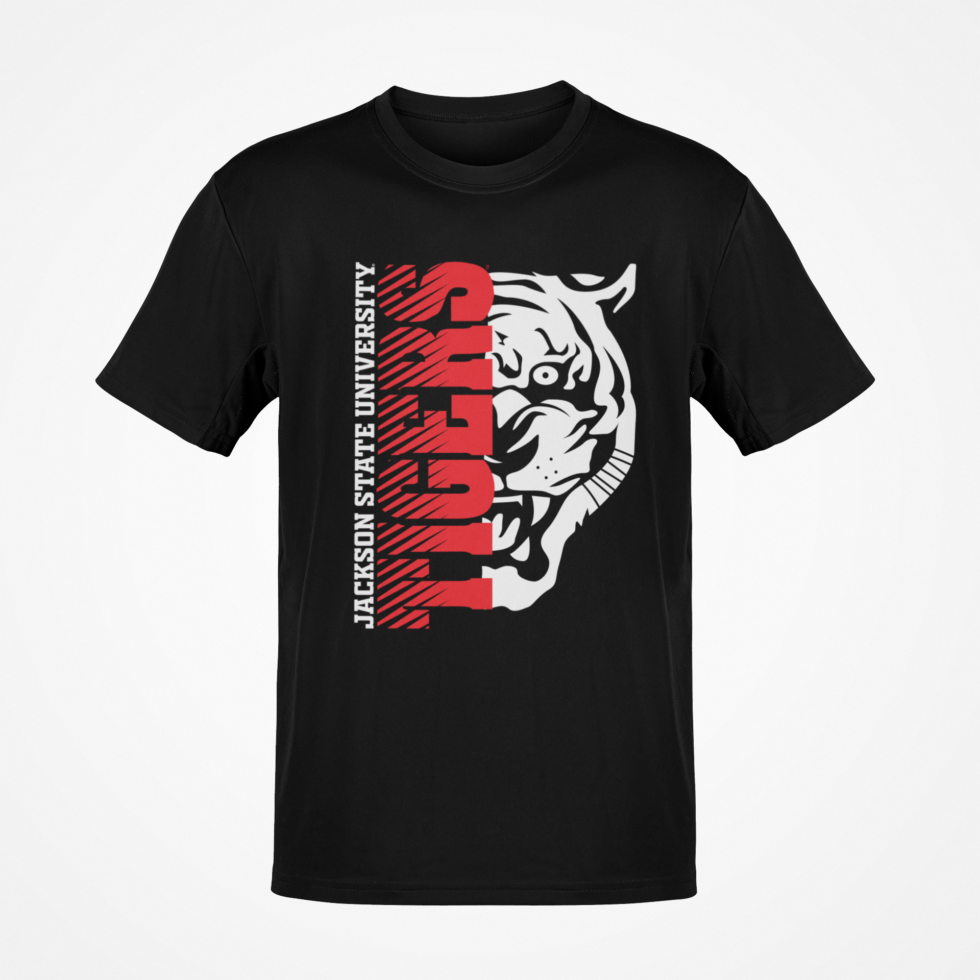 Black short-sleeve T-shirt with red vertical tiger-head graphic on front